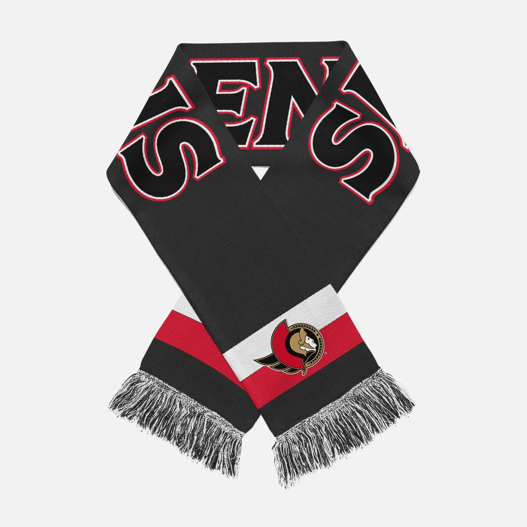 Black scarf with red, white, and gold team logo, fringed edges, spread out on a white background.