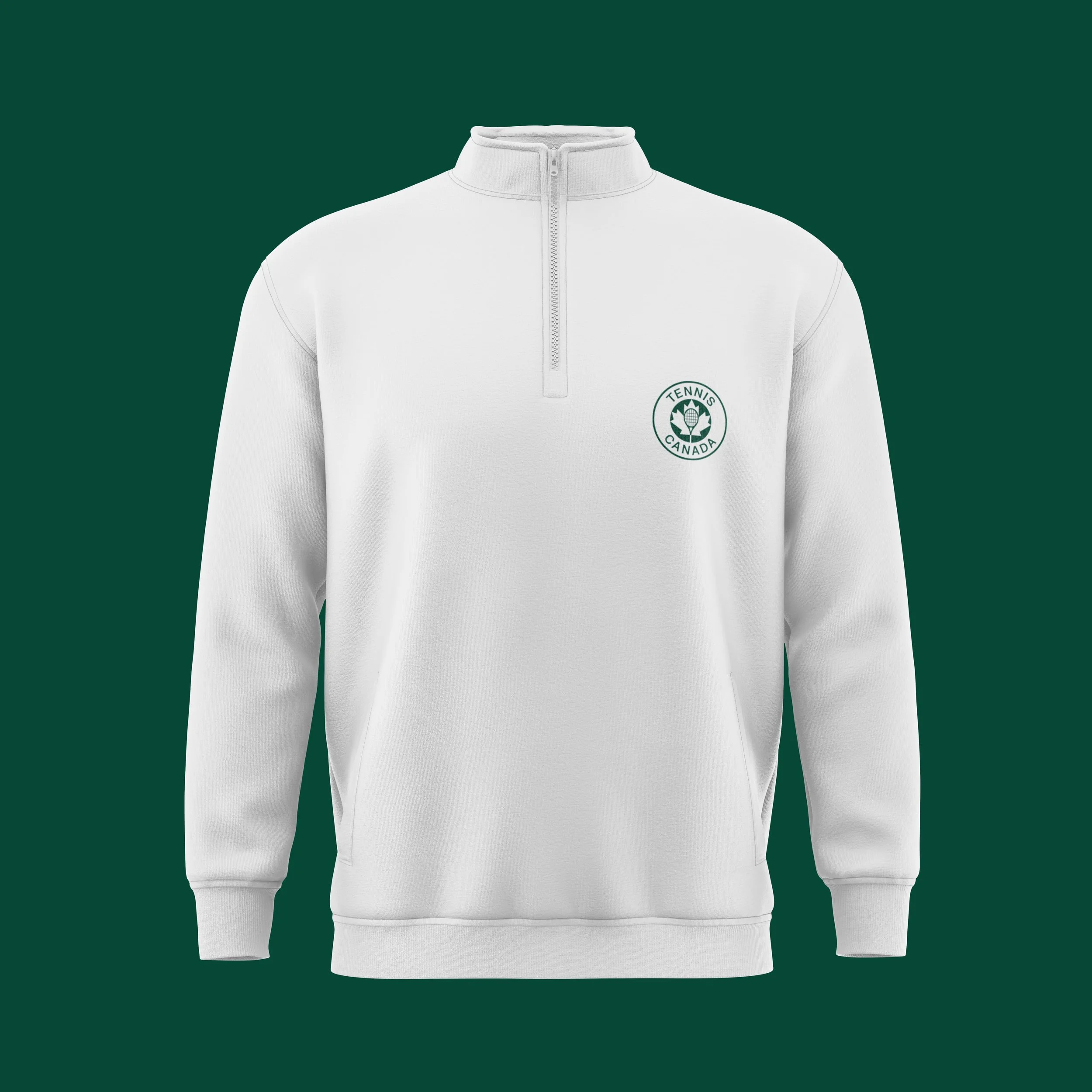 White athletic jacket with a quarter-zip collar, featuring a logo that says 'Tennis Canada' with a maple leaf and a tennis racket on the chest.