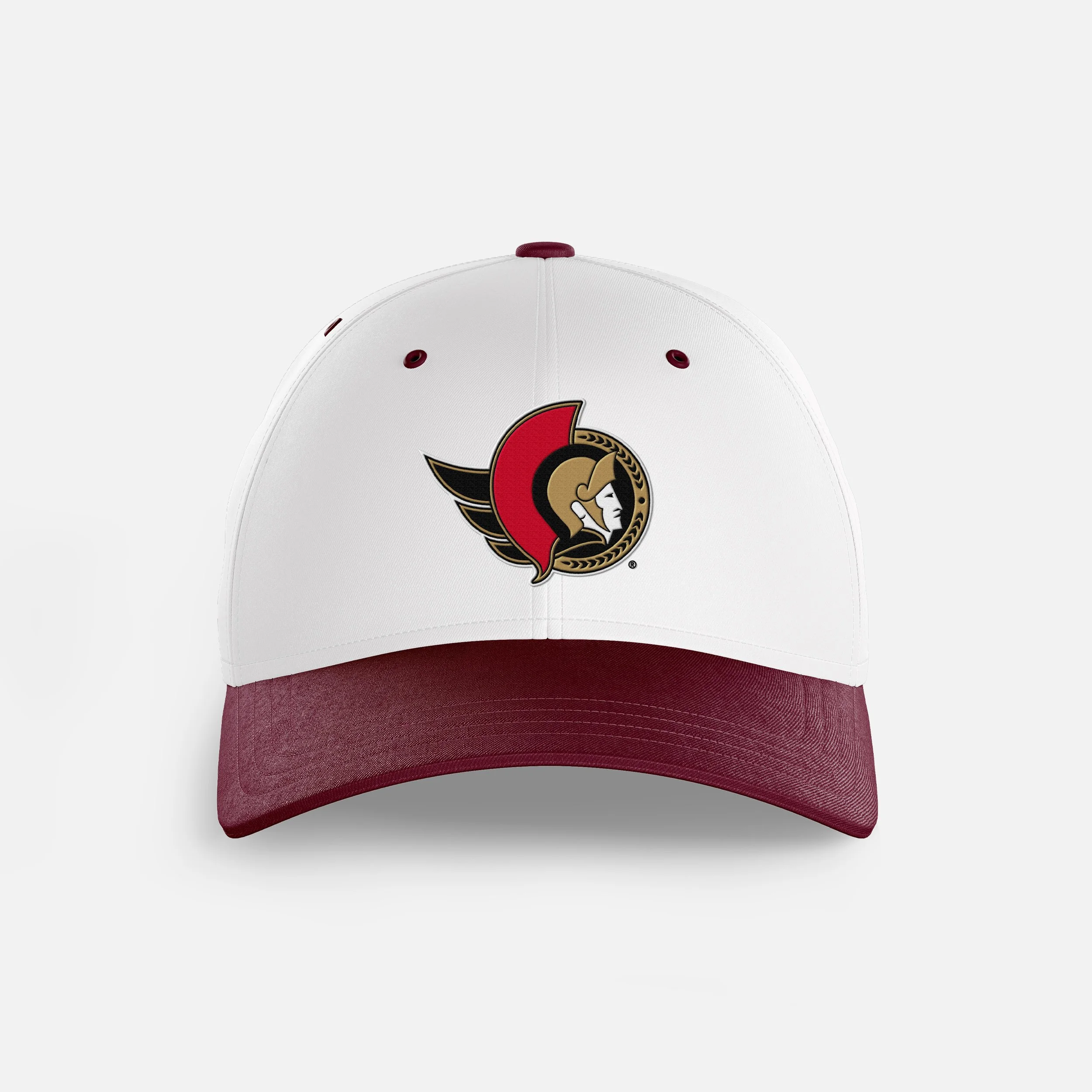 A white and red sports baseball cap with a logo of a Roman centurion wearing a helmet.