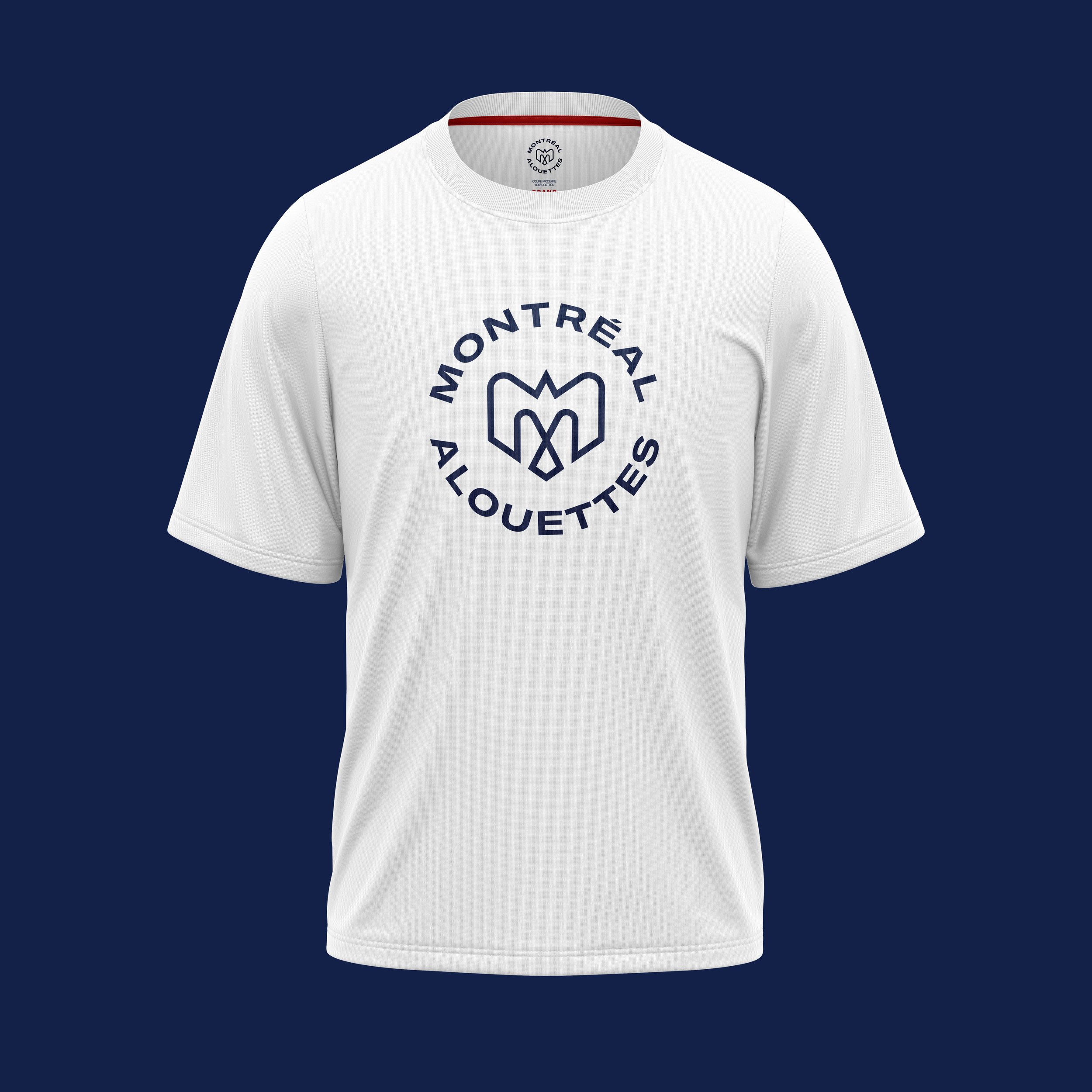 White t-shirt with a circular logo that says Montreal All Outfits on a navy background.