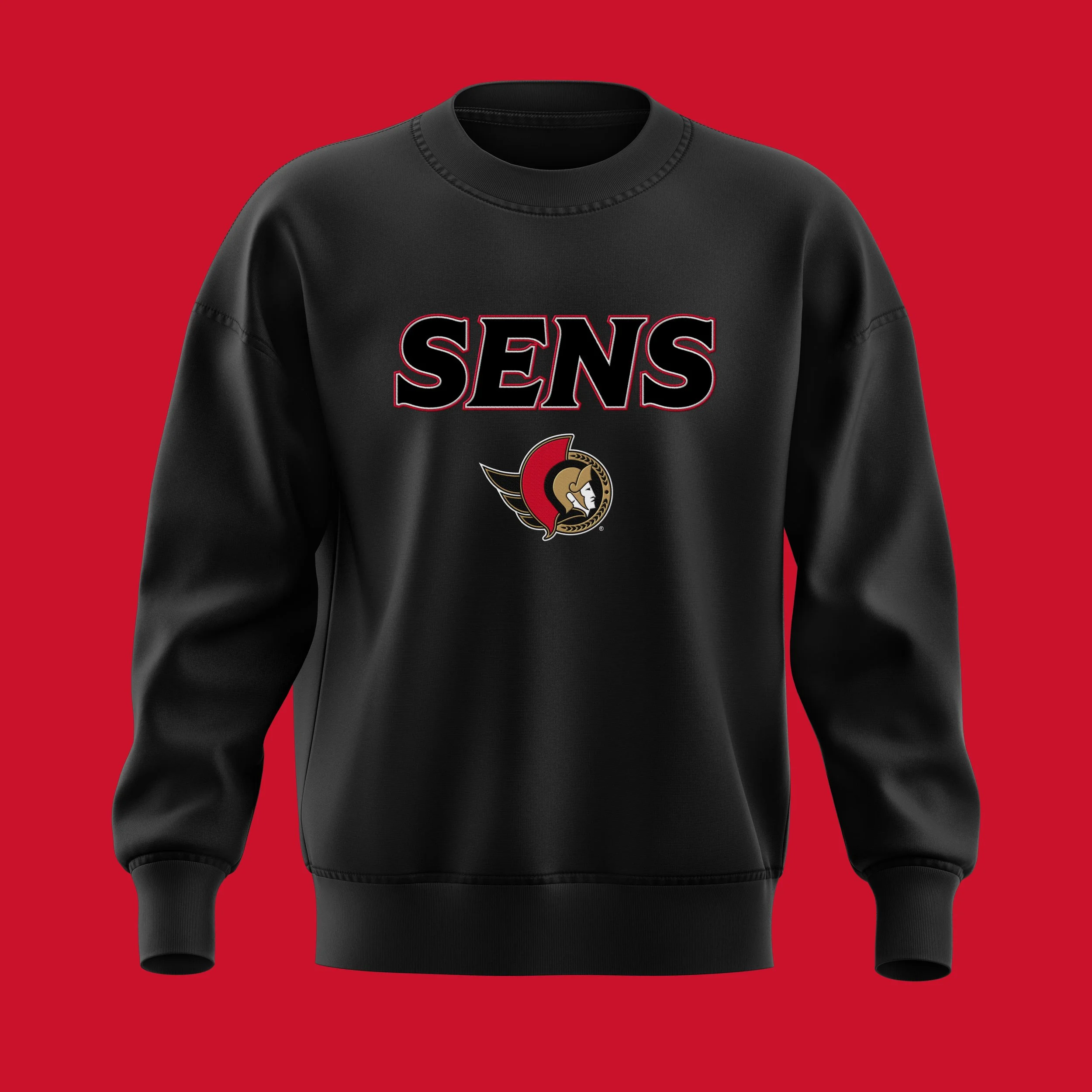 Black sweatshirt with 'SENS' text and a logo of a knight's helmet with a red and gold color scheme, set against a red background.