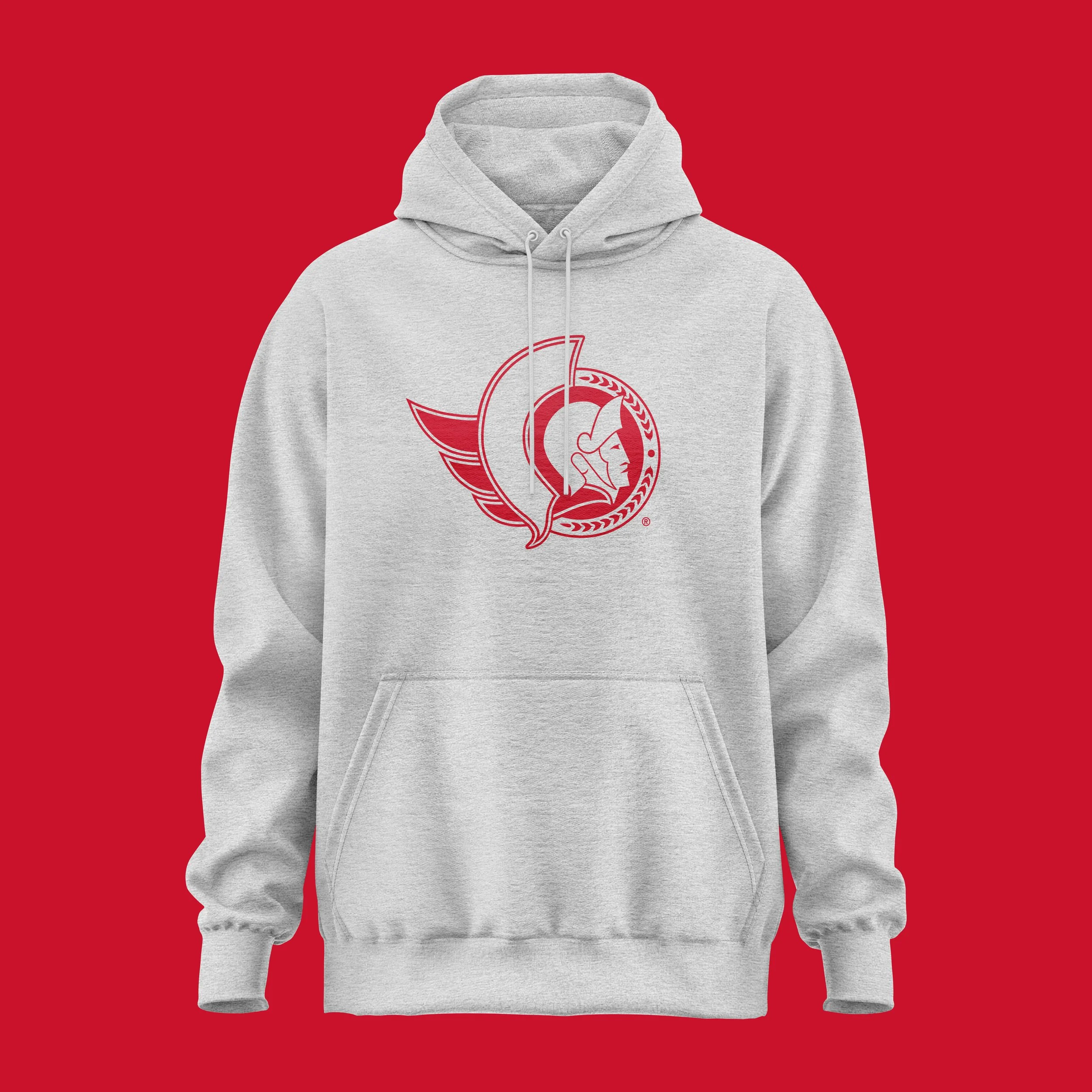 Gray hoodie with red logo of a Roman soldier with a torch inside a circle, against a red background.