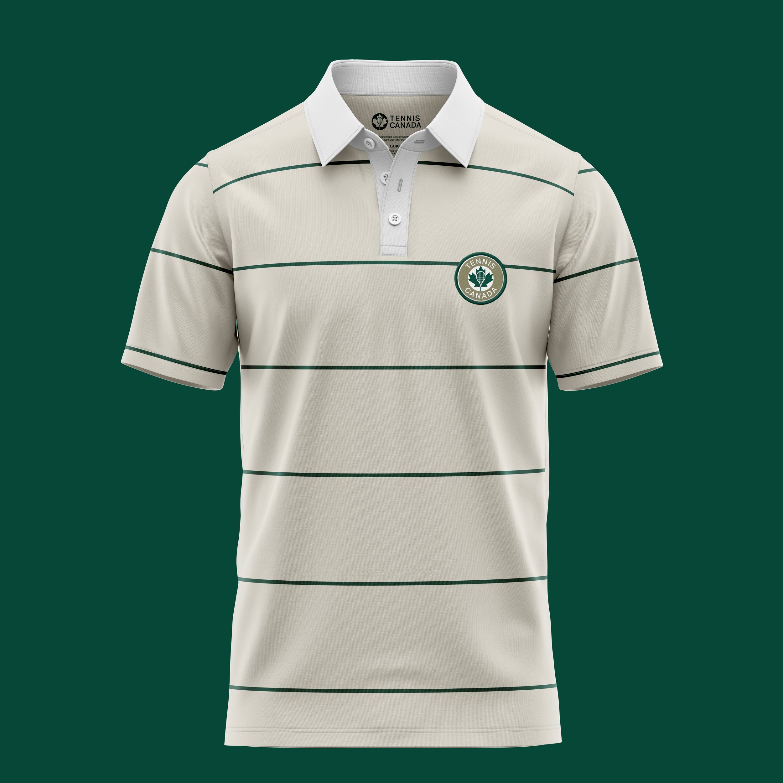 A white sports polo shirt with dark green horizontal stripes, a collar, and a round logo that reads "Tennis Canada" on the chest. The shirt is displayed against a dark green background.