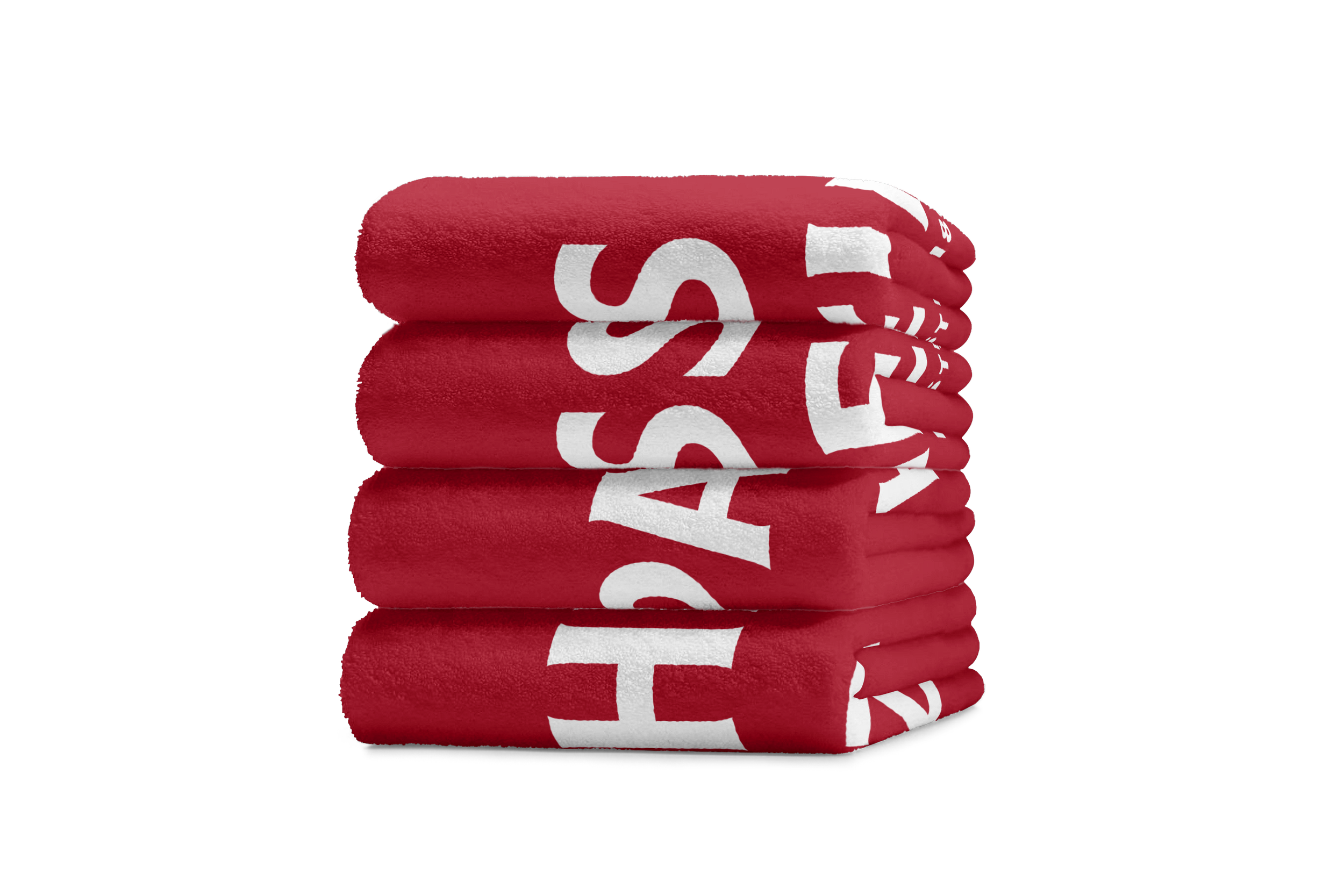 Stack of red towels with white text on black background