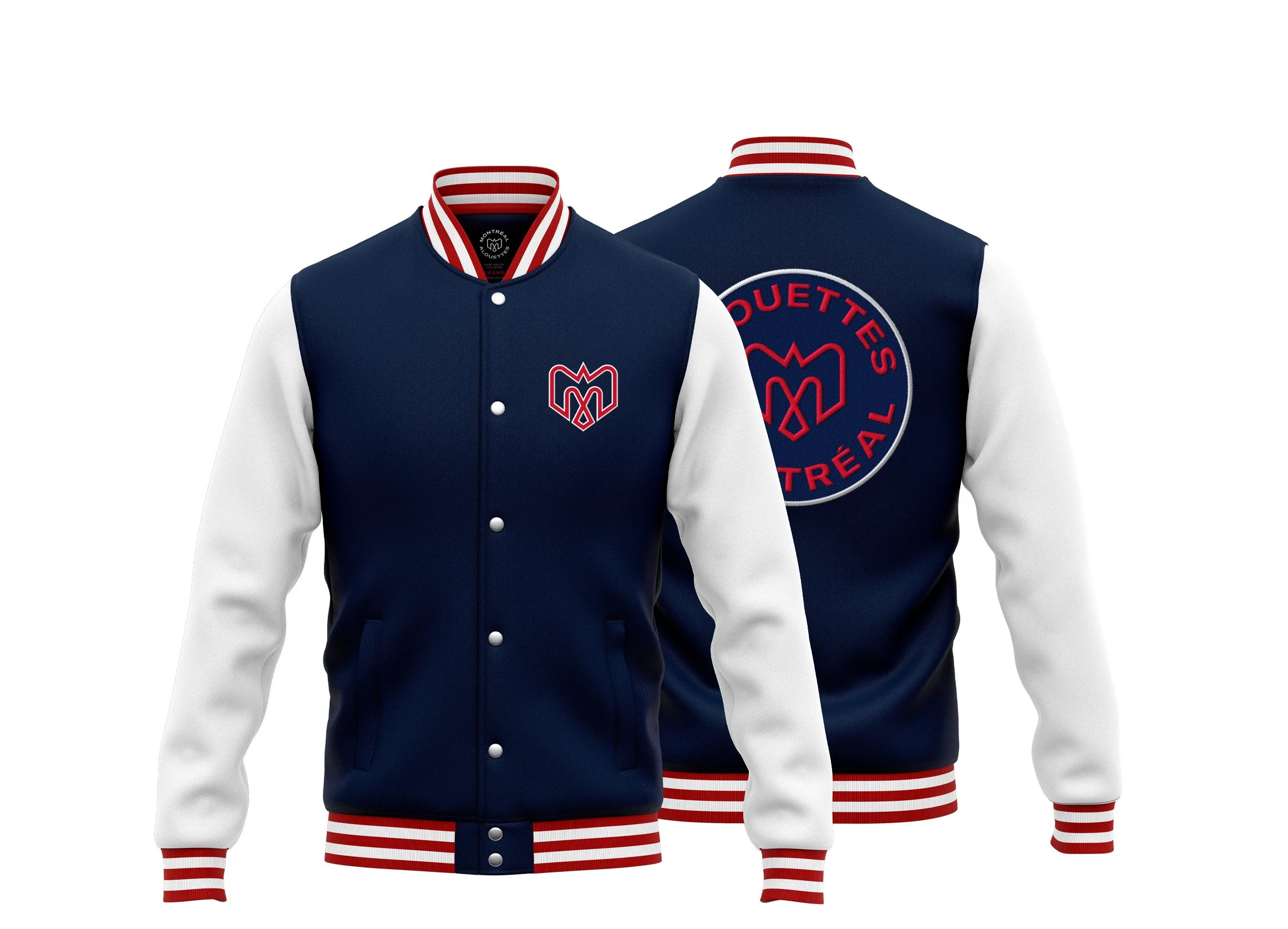A varsity jacket with navy blue body, white sleeves, and red and white striped collar, cuffs, and waistband. Features a Montreal Canadiens logo on the front and back.