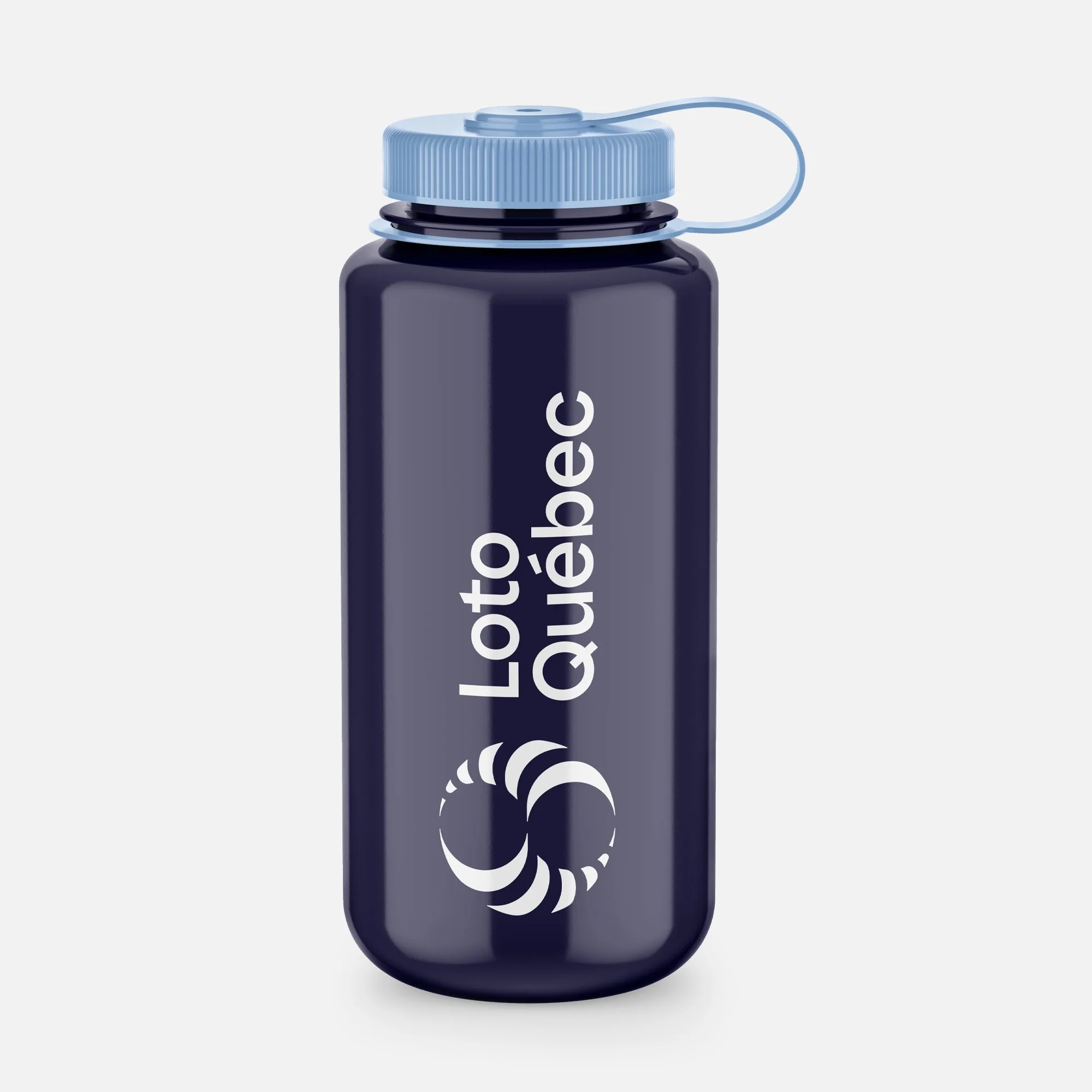 A black water bottle with a light blue screw-on lid and a handle, with white text that reads "Lactobacillus" and a circular design on the bottle.