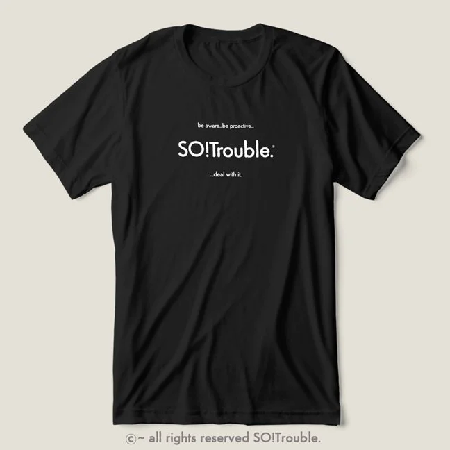 Zazzle SO!Trouble logo and tag lines white on black Tri-Blend Shirt - for website.jpg