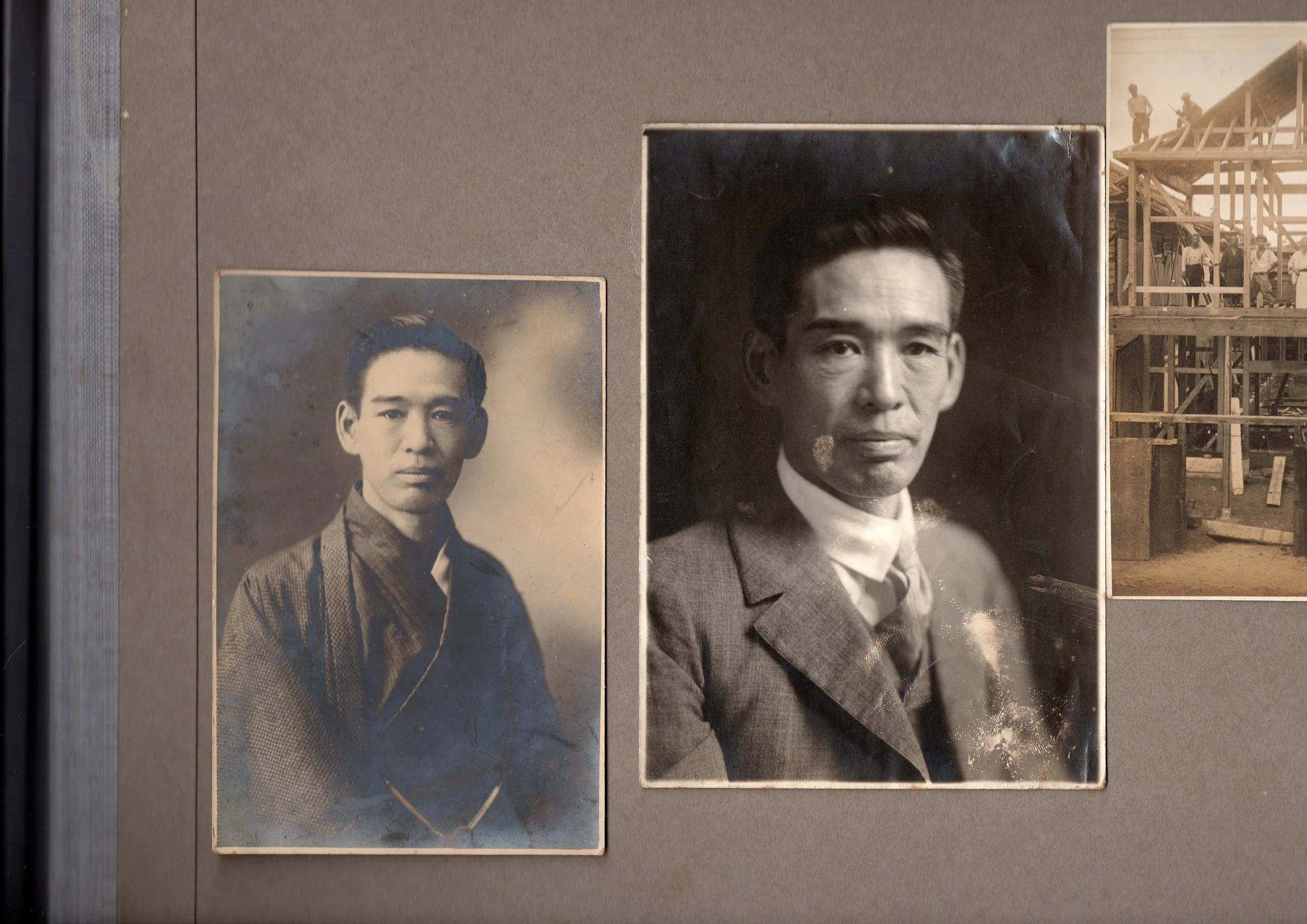 古い黒白の肖像写真2枚と建設現場の写真