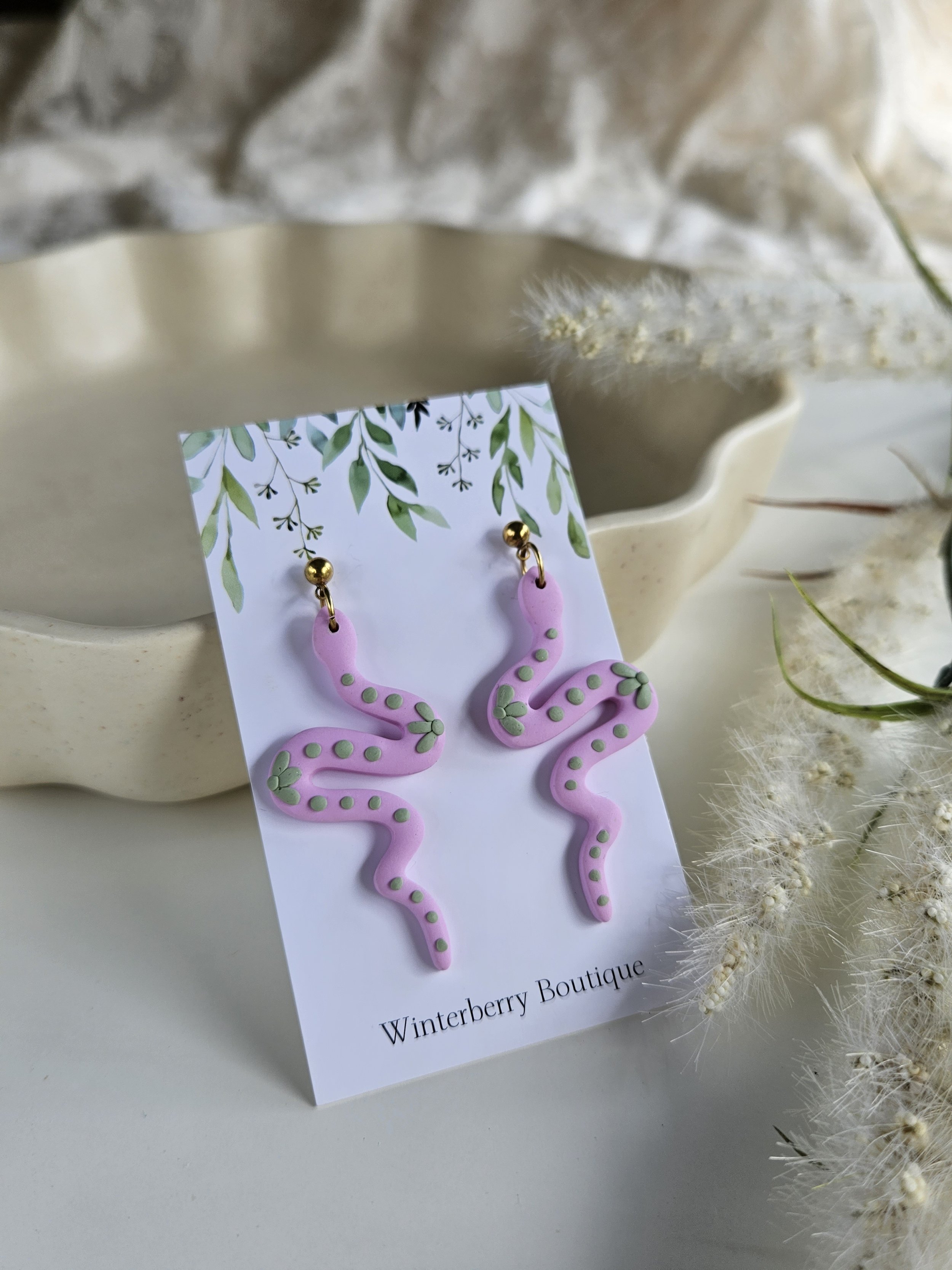 Clay Snake Dangles in "Pink Marshmallow"
