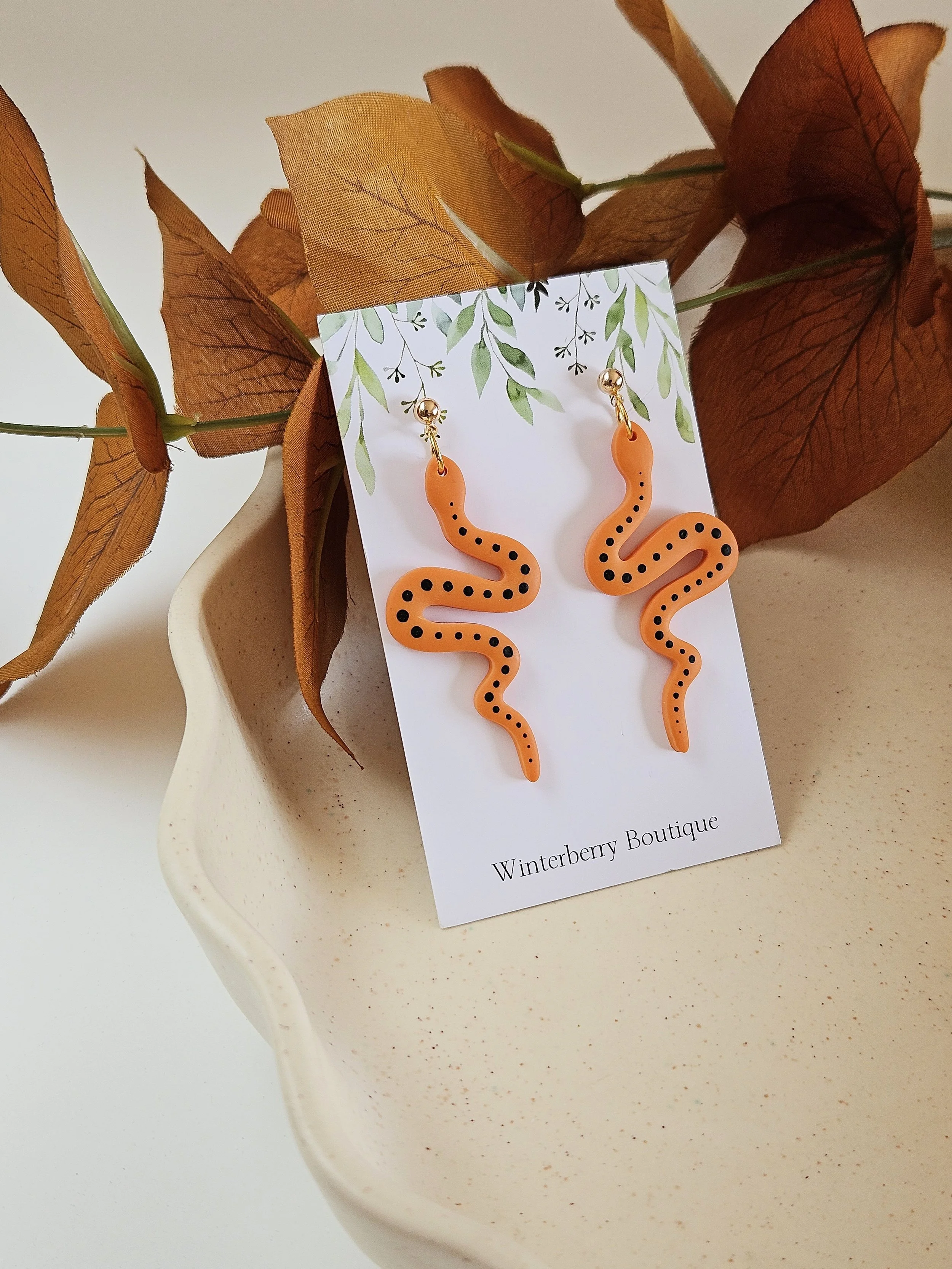 Clay Snake Dangles in "Halloween Orange"