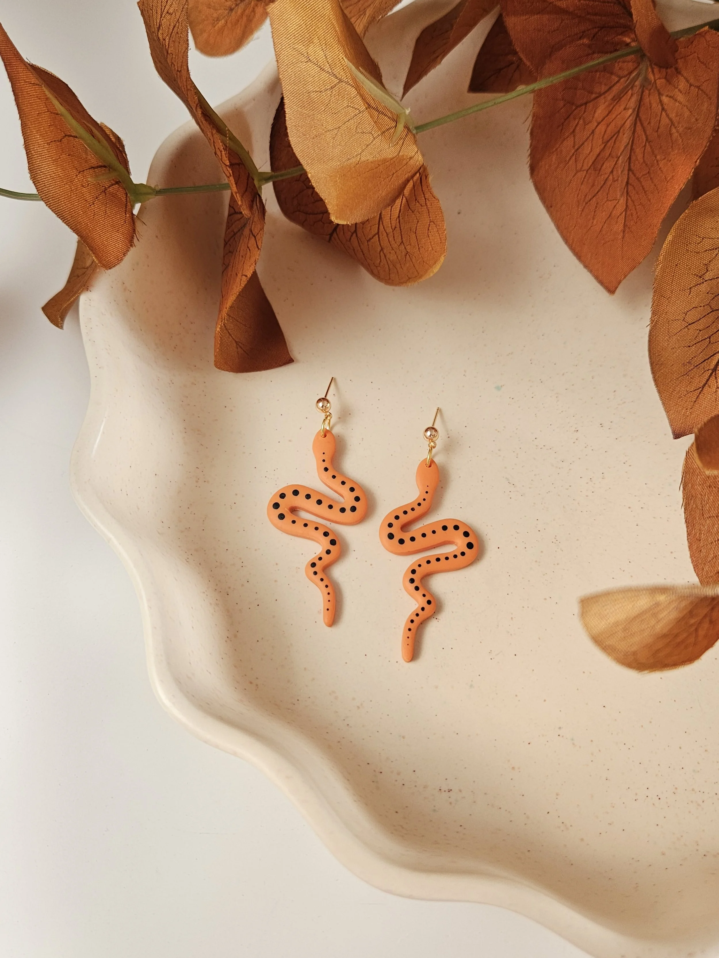 Clay Snake Dangles in "Halloween Orange"