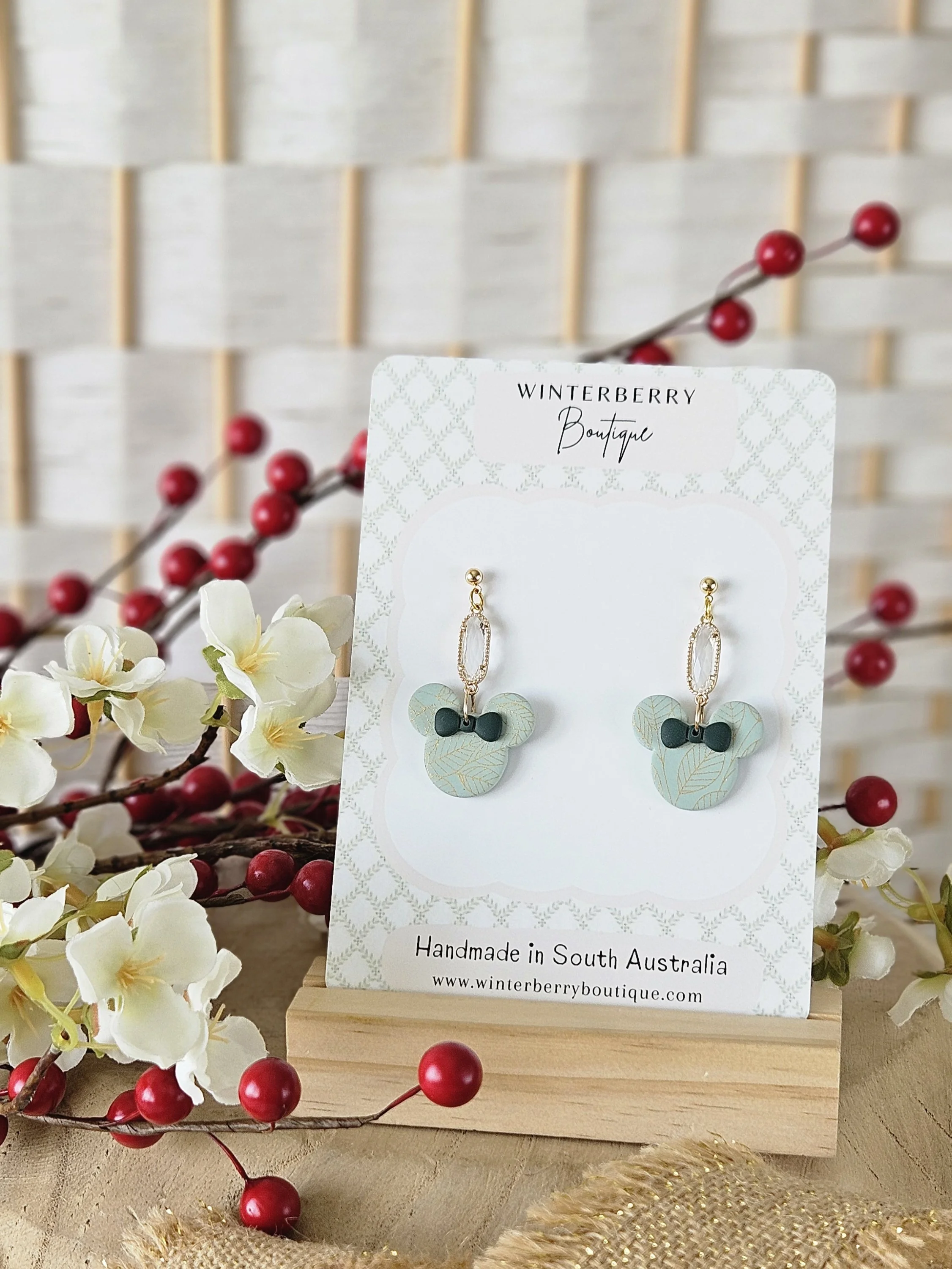 Crystal Mouse Dangles in "Pale Sage Bow and Leaves"