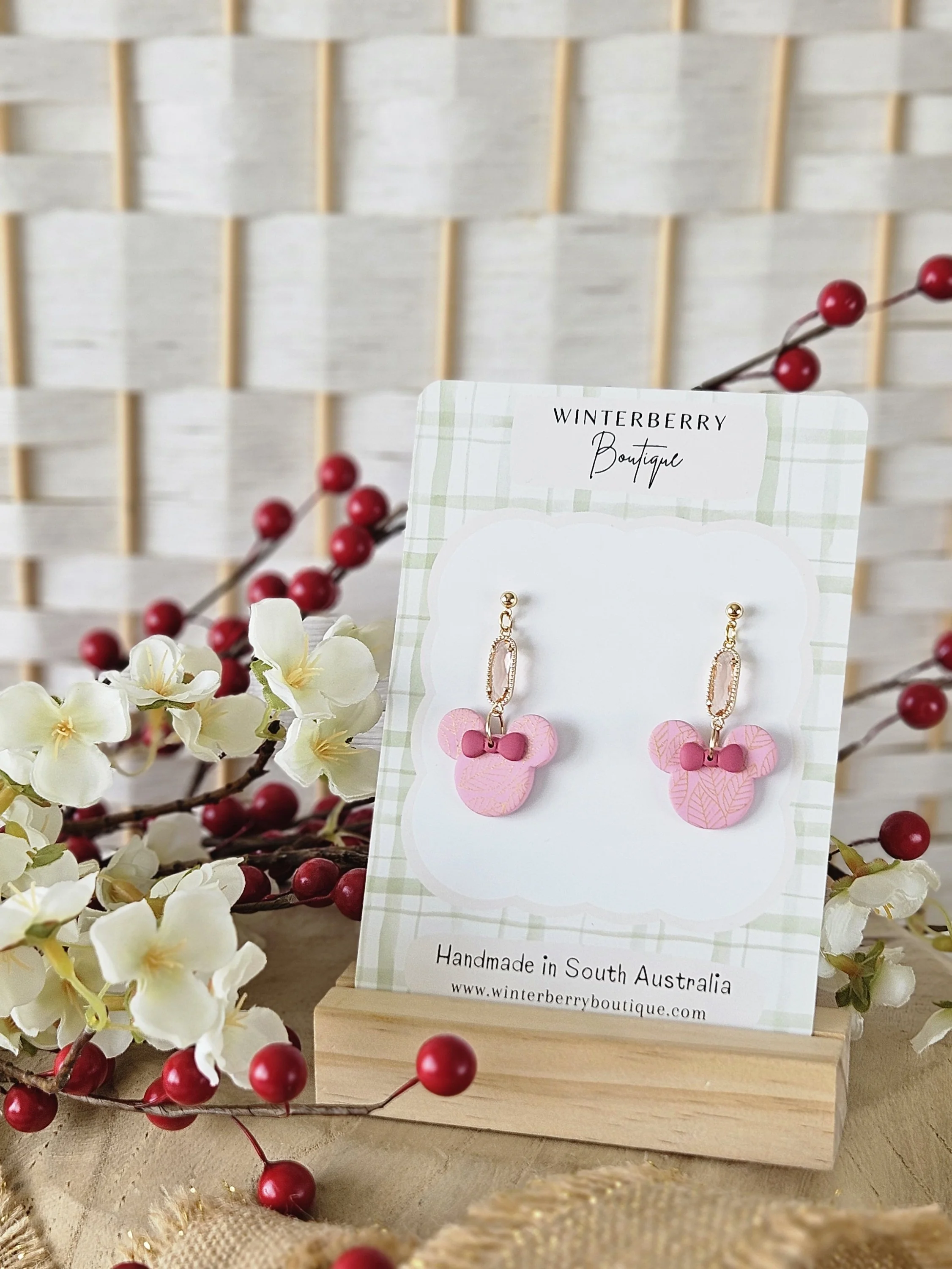 Crystal Mouse Dangles in "Pink Bow and Leaves"