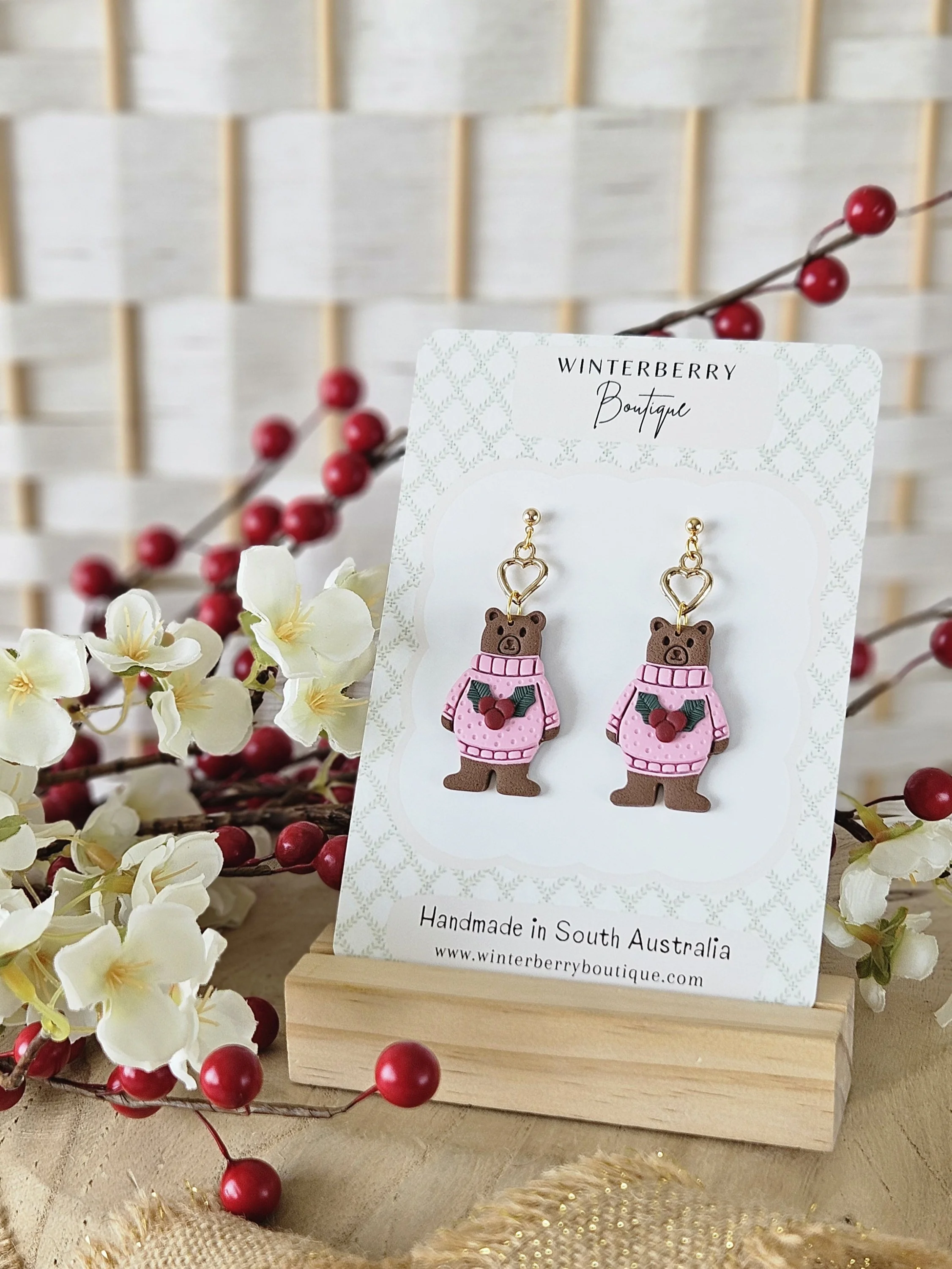 Festive Brown Bear Dangles in "Pink Holly"