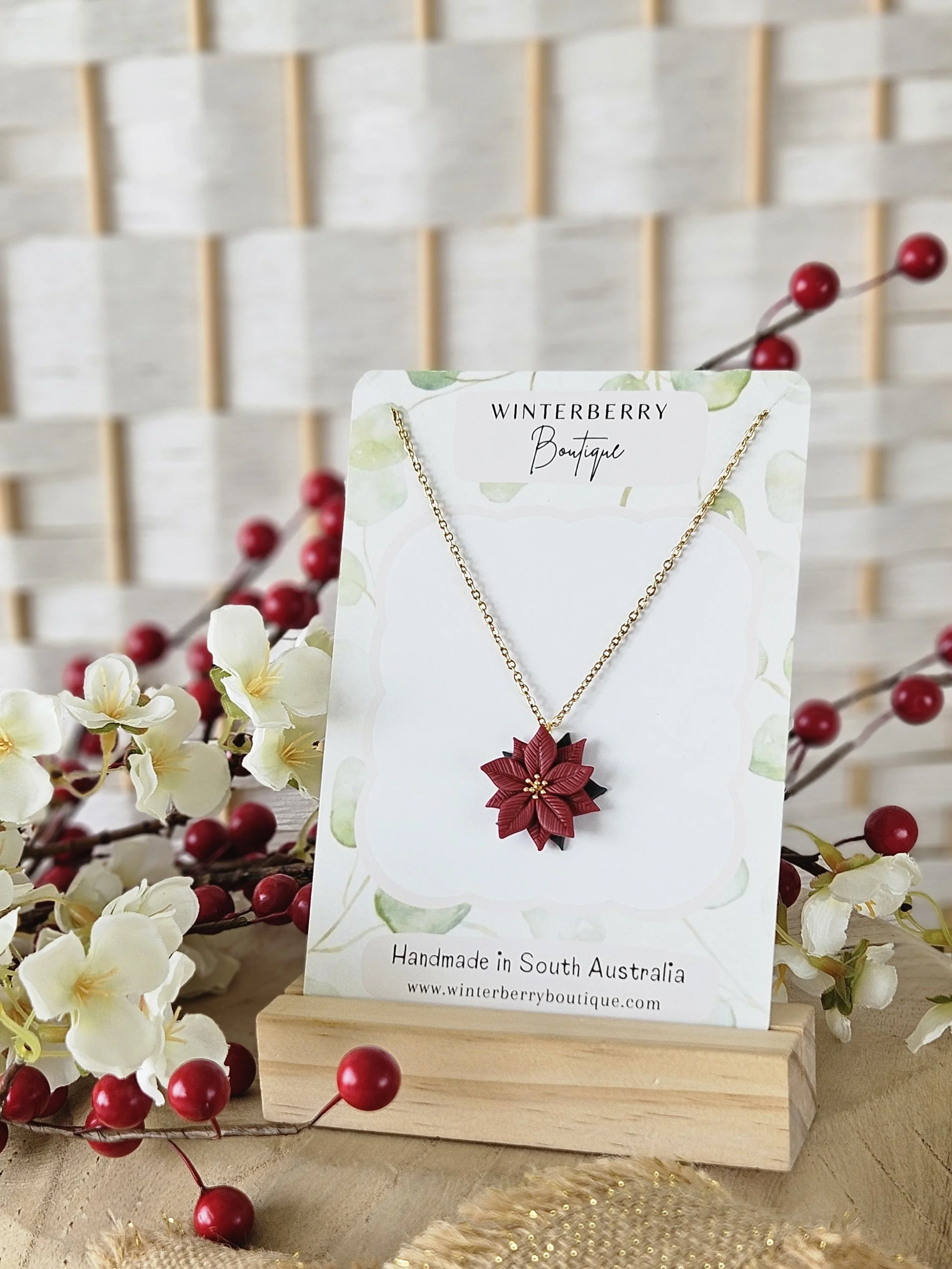 Poinsettia Floral Necklace in "Cherry Pie"