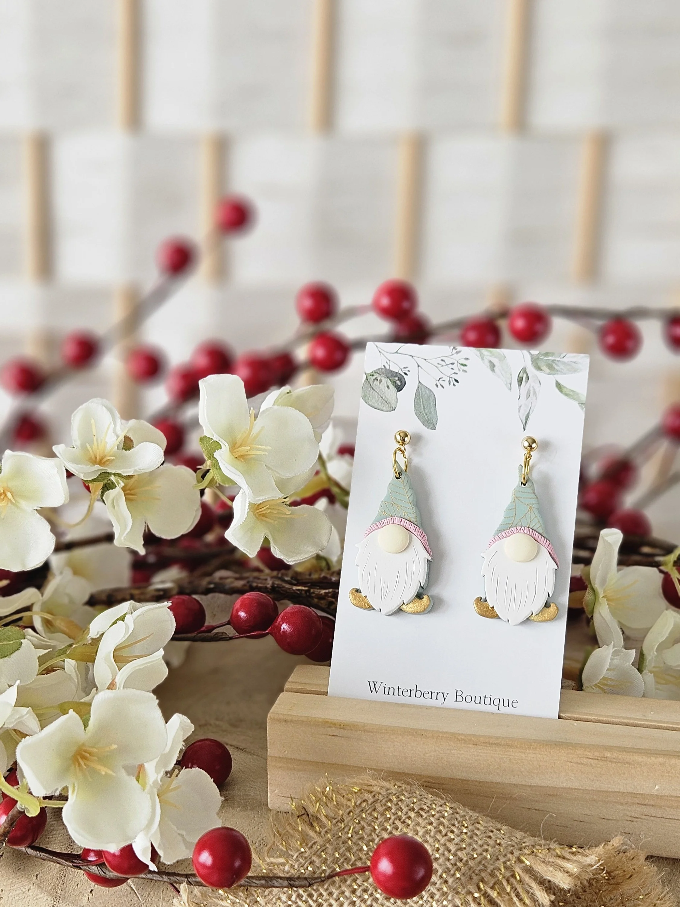 Festive Gnome Dangles in "Pale Sage and Pink"