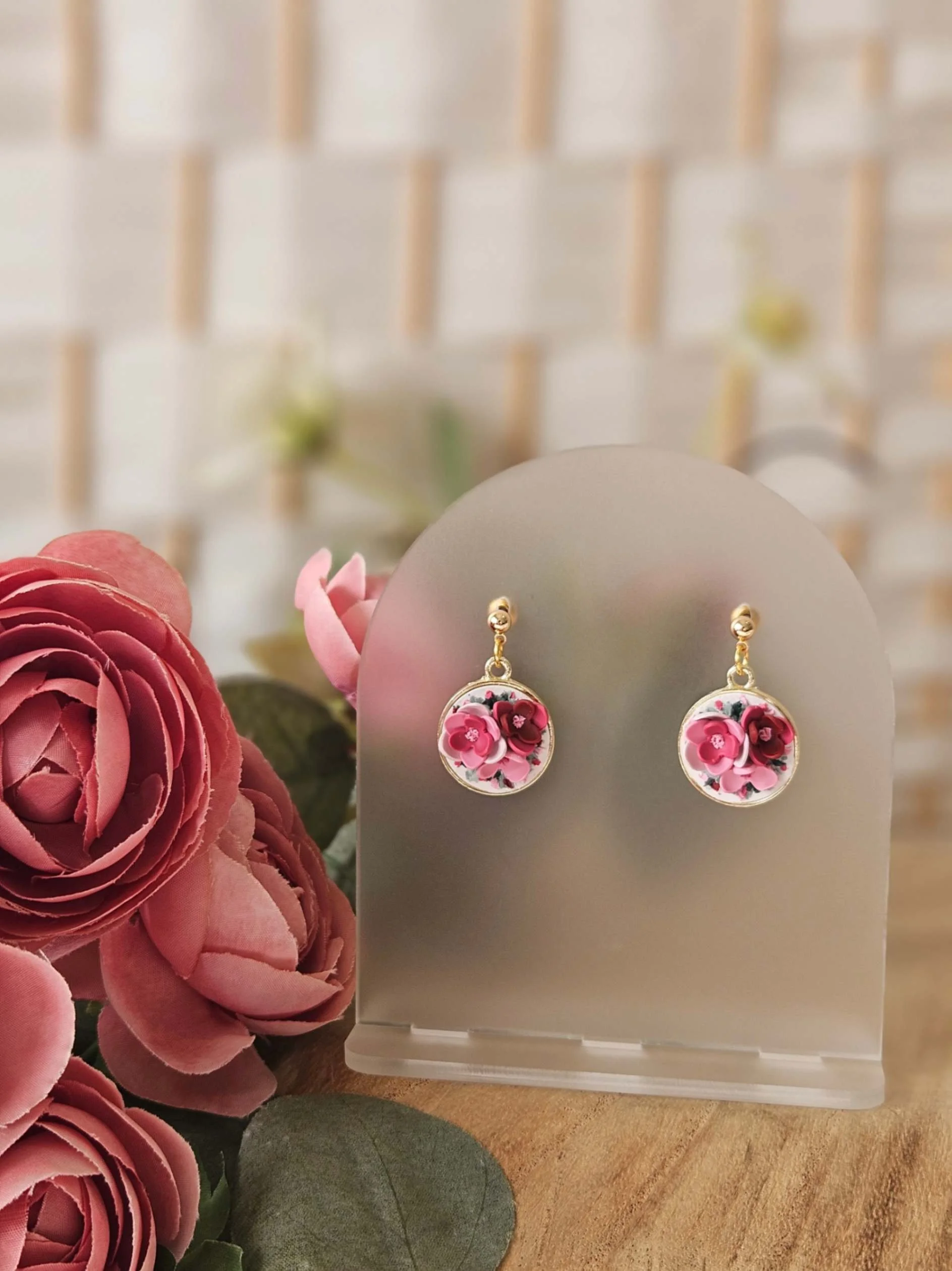 Alyssa Floral Pendant Earrings in "Rose Pink"