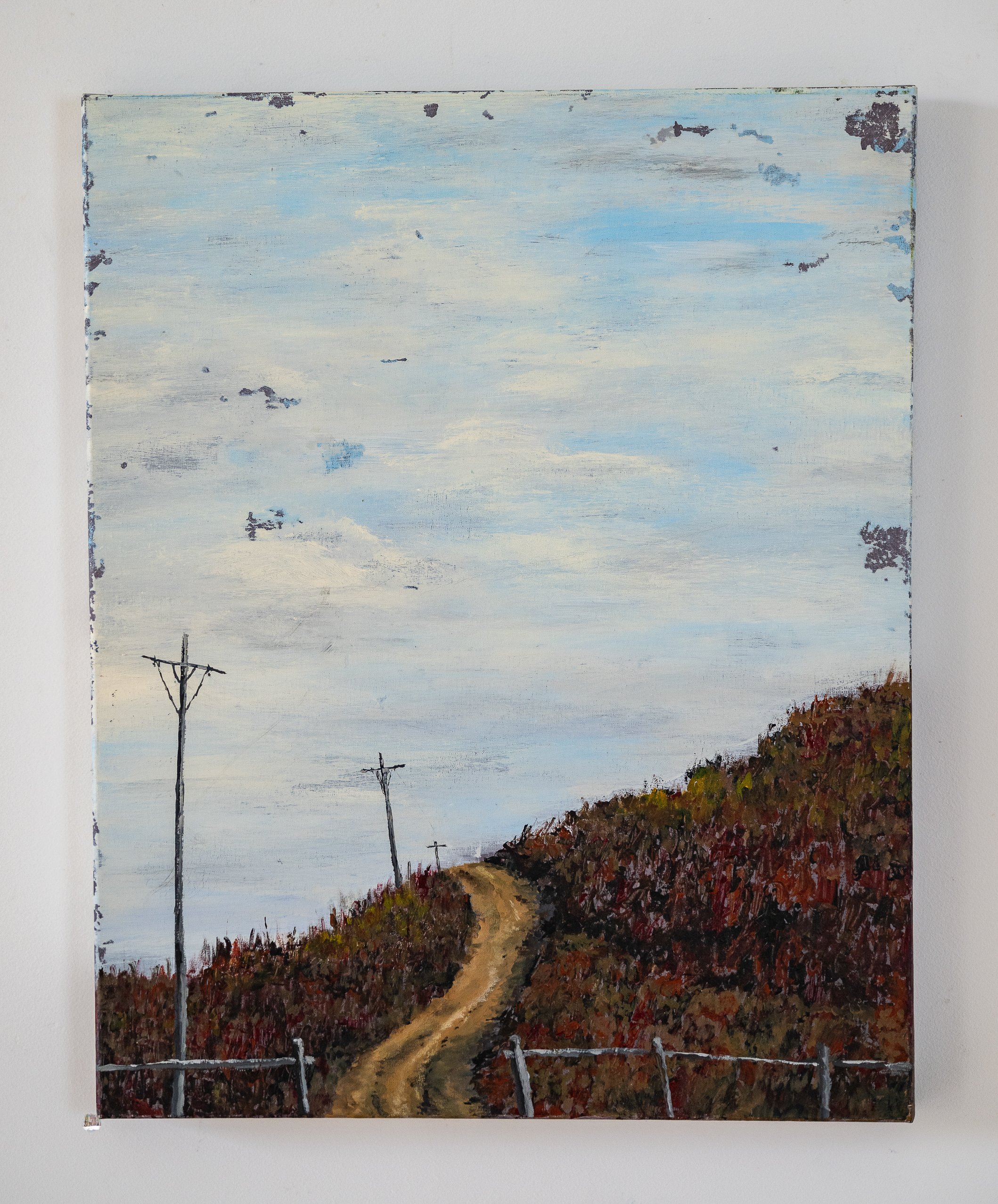 Work 138:  Uphill Road. Telephone Wires.  2019.   76 x 61 cms.