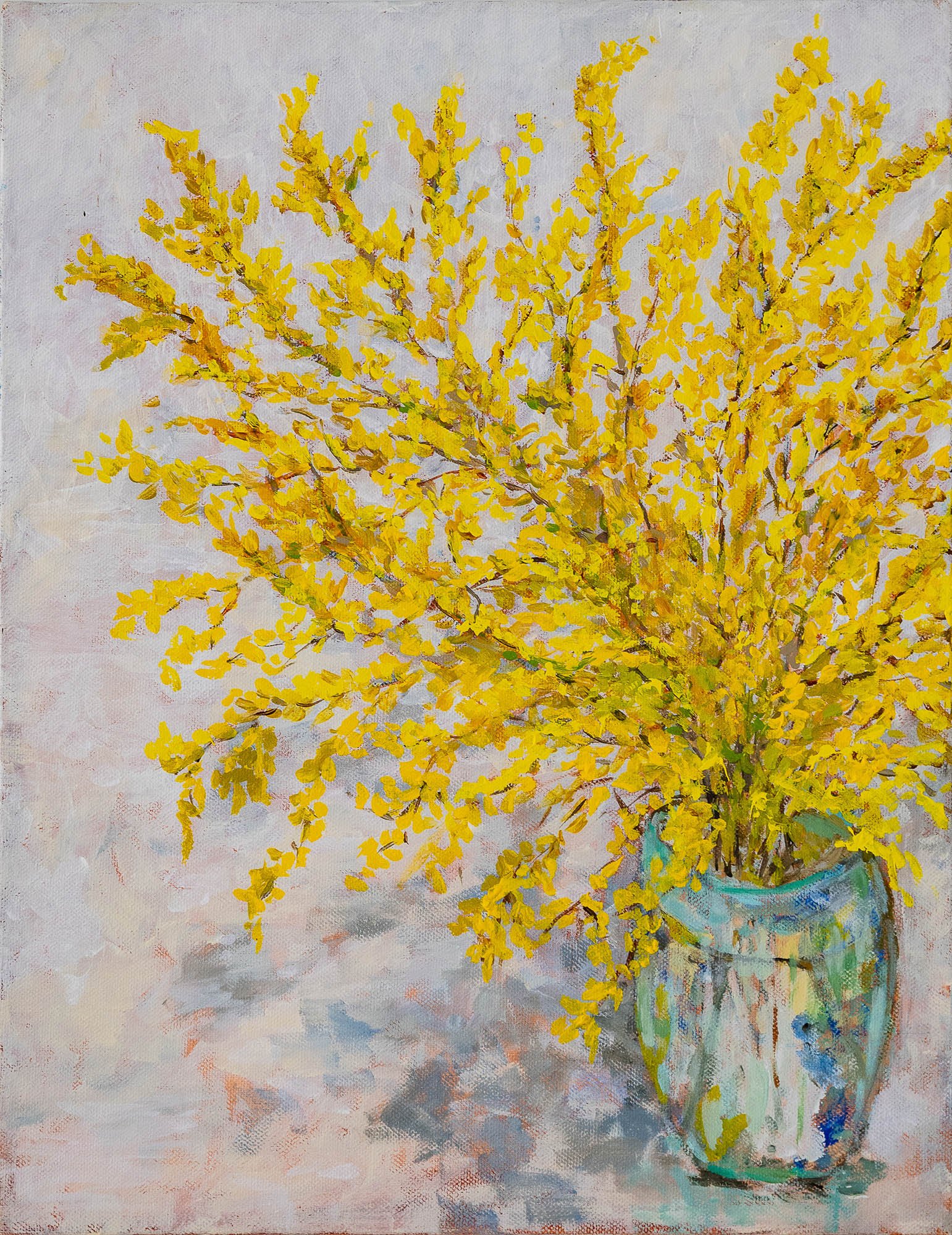 Work 171:  Forsythia in Vase
2020
acrylic on canvas
46 x 35 cms