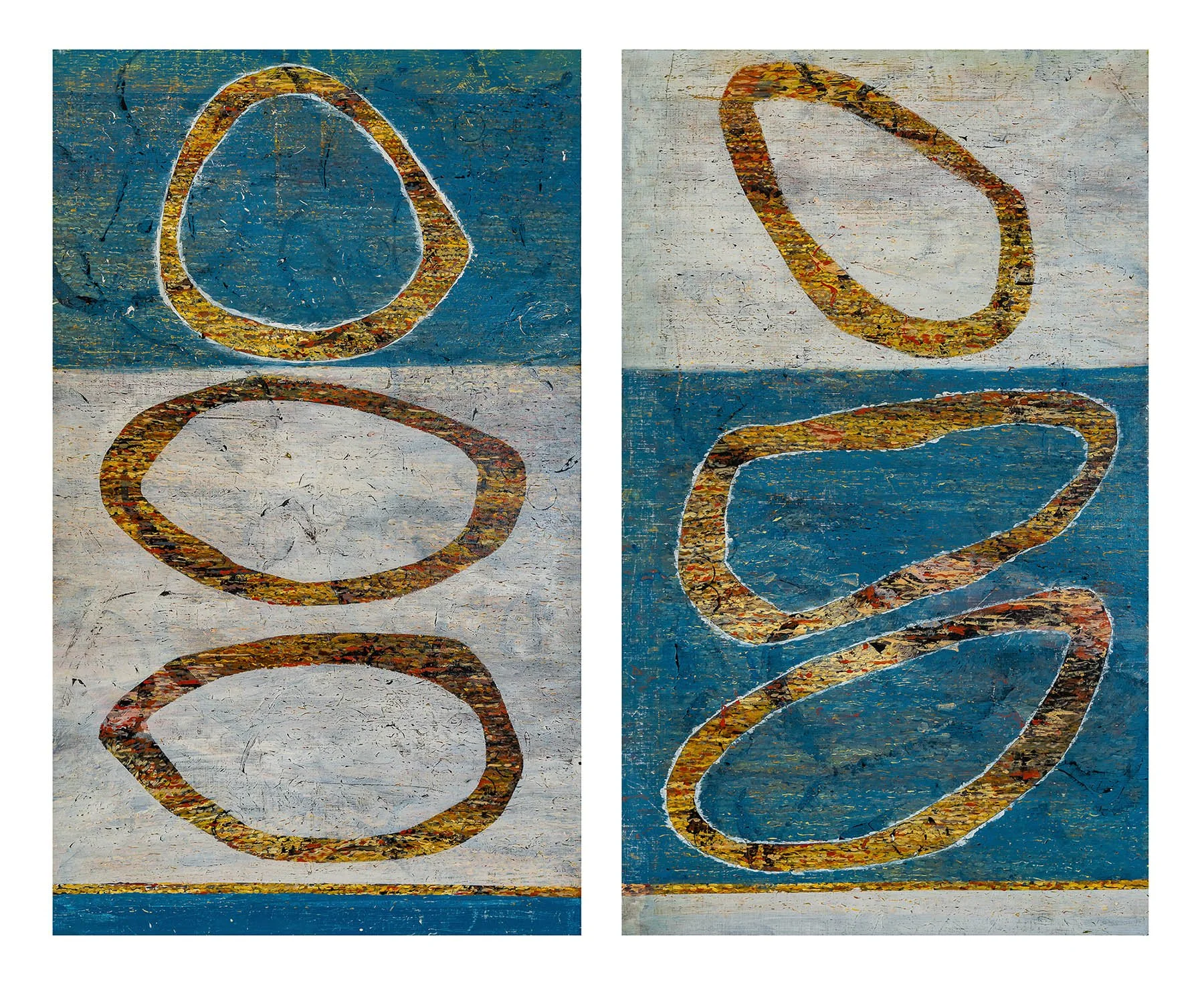 Works 205 and 206:  Stone Rings 1 and 2
2022
acrylic on canvas
145 x 86 cms each