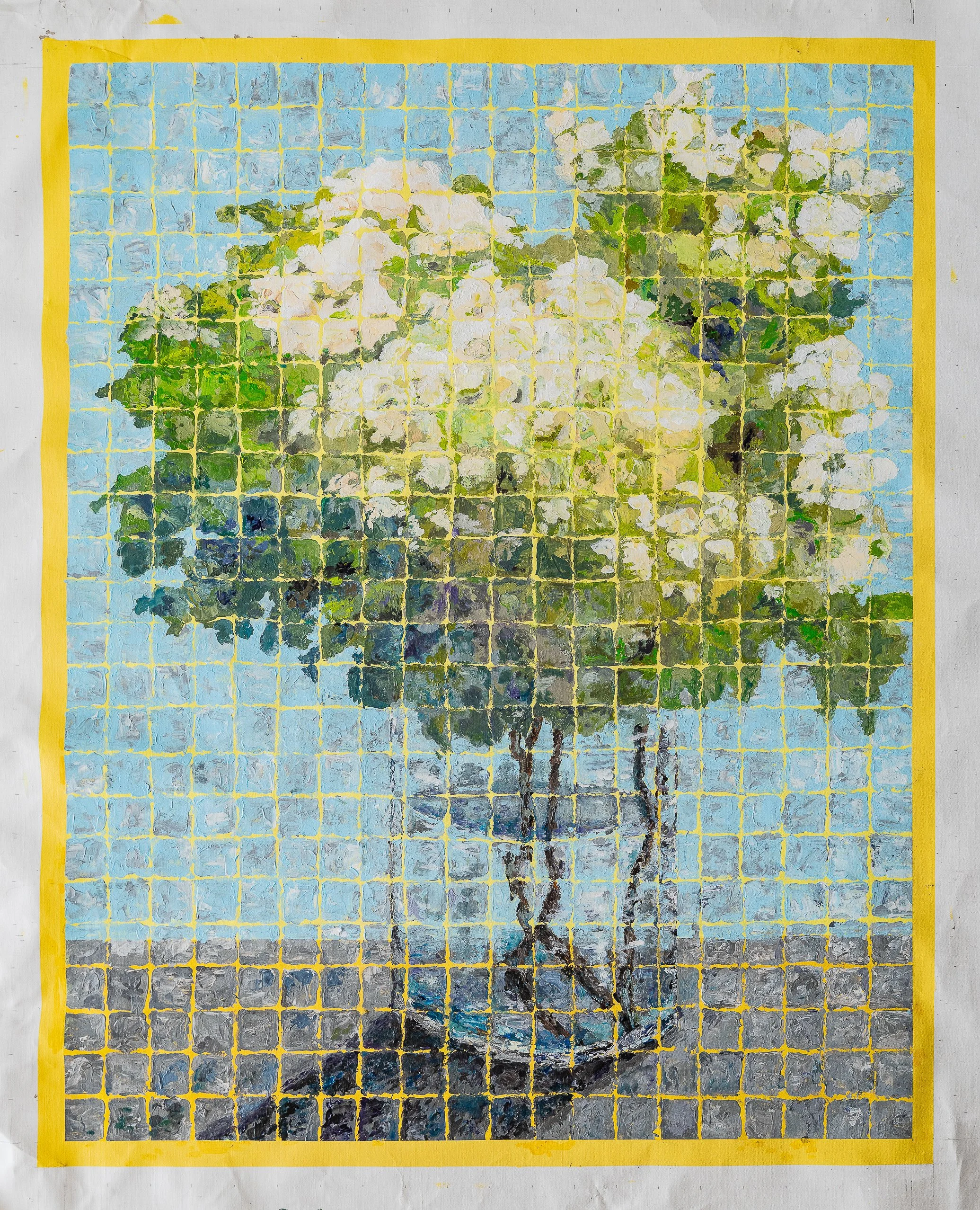 Work 213:  Hydrangeas in Squares.  2023.   130 x 104 cms.
