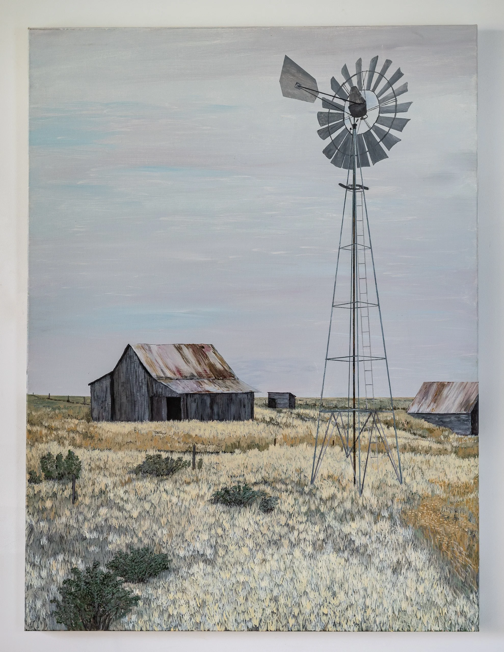Work 112:  Farmhouse and Windmill.  2018.   122 x 91 cms.