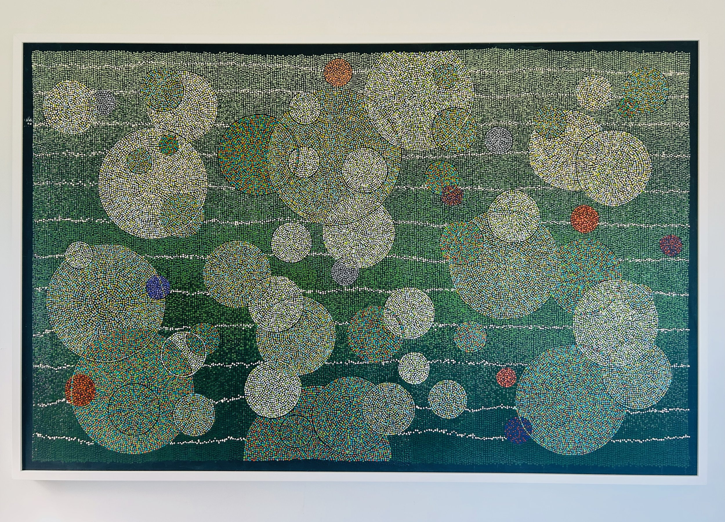 Work 282:  White Bubbles on Green.  2026.   102 x 158 cms.