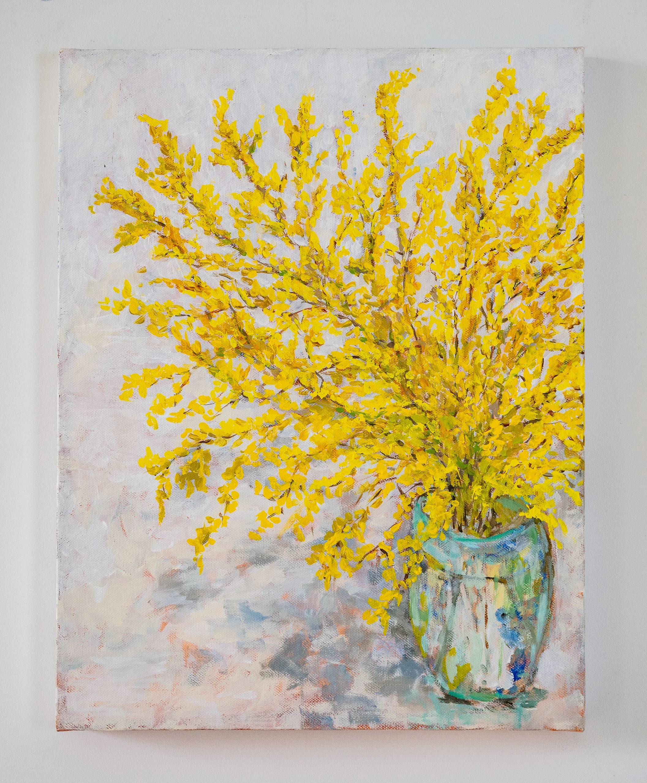 Work 171:  Forsythia in Vase.  2020.   46 x 35 cms.