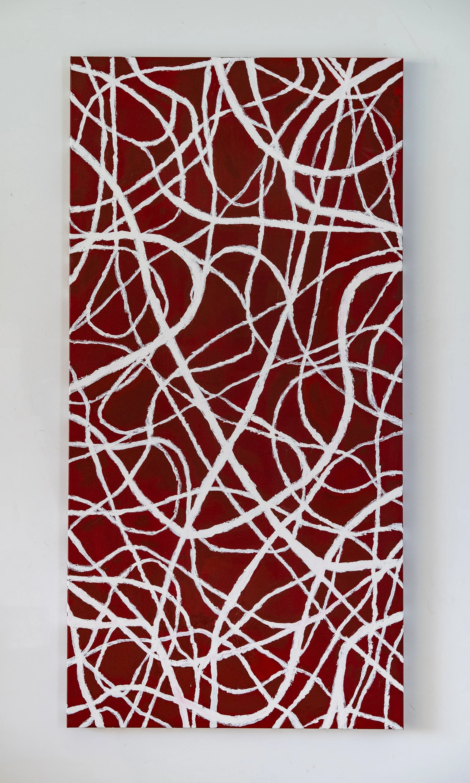Work 3:  White Squiggles on Crimson.  2016.   153 x 76 cms.