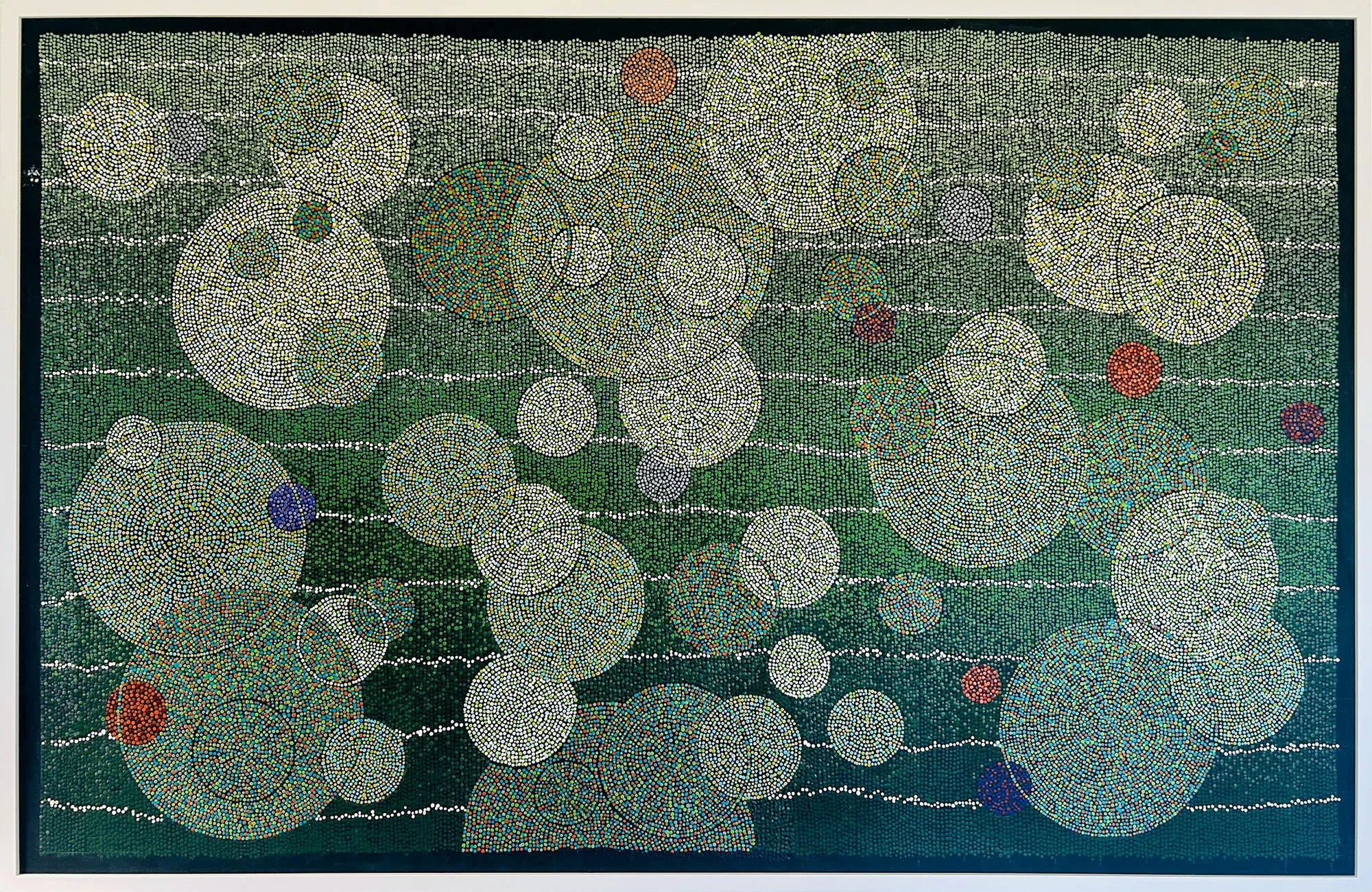 Work 282:  White Bubbles on Green
2026
acrylic on canvas
102 x 158 cms