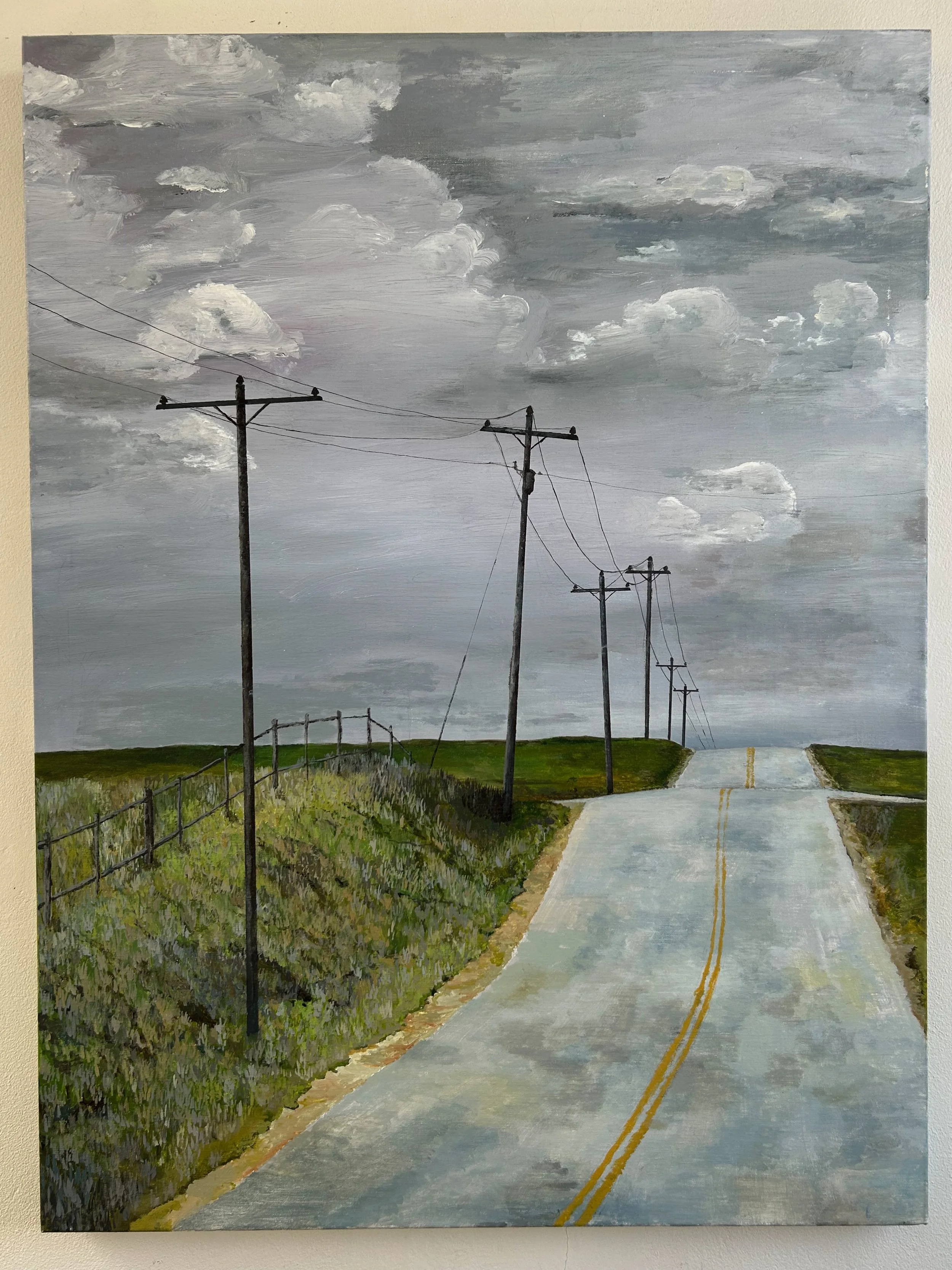 Work 110:  Country Road, Telephone Poles.  2018.   100 x 76 cms.
