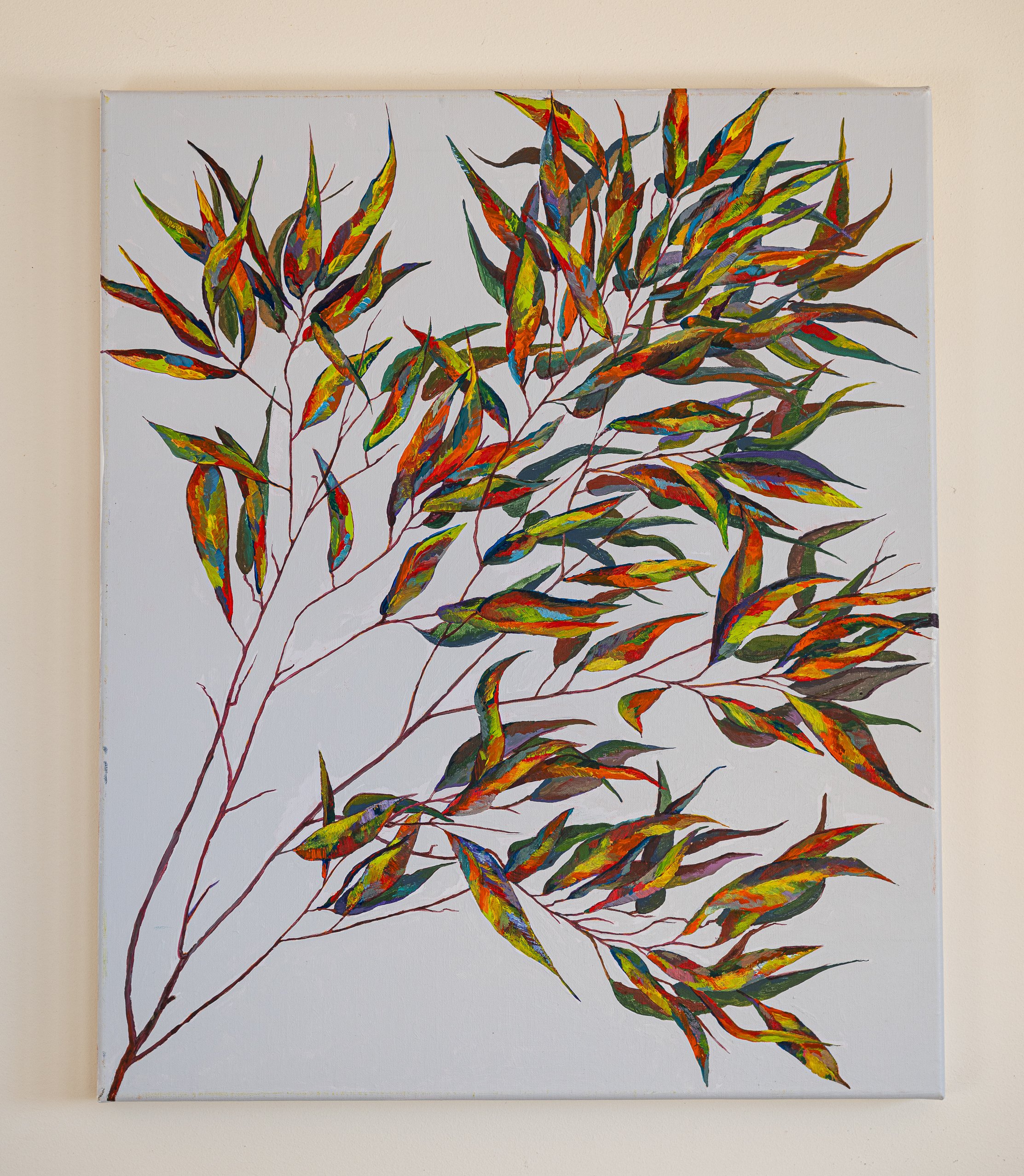 Work 188:  Red Green Gum Leaves.  2021.   51 x 61 cms.