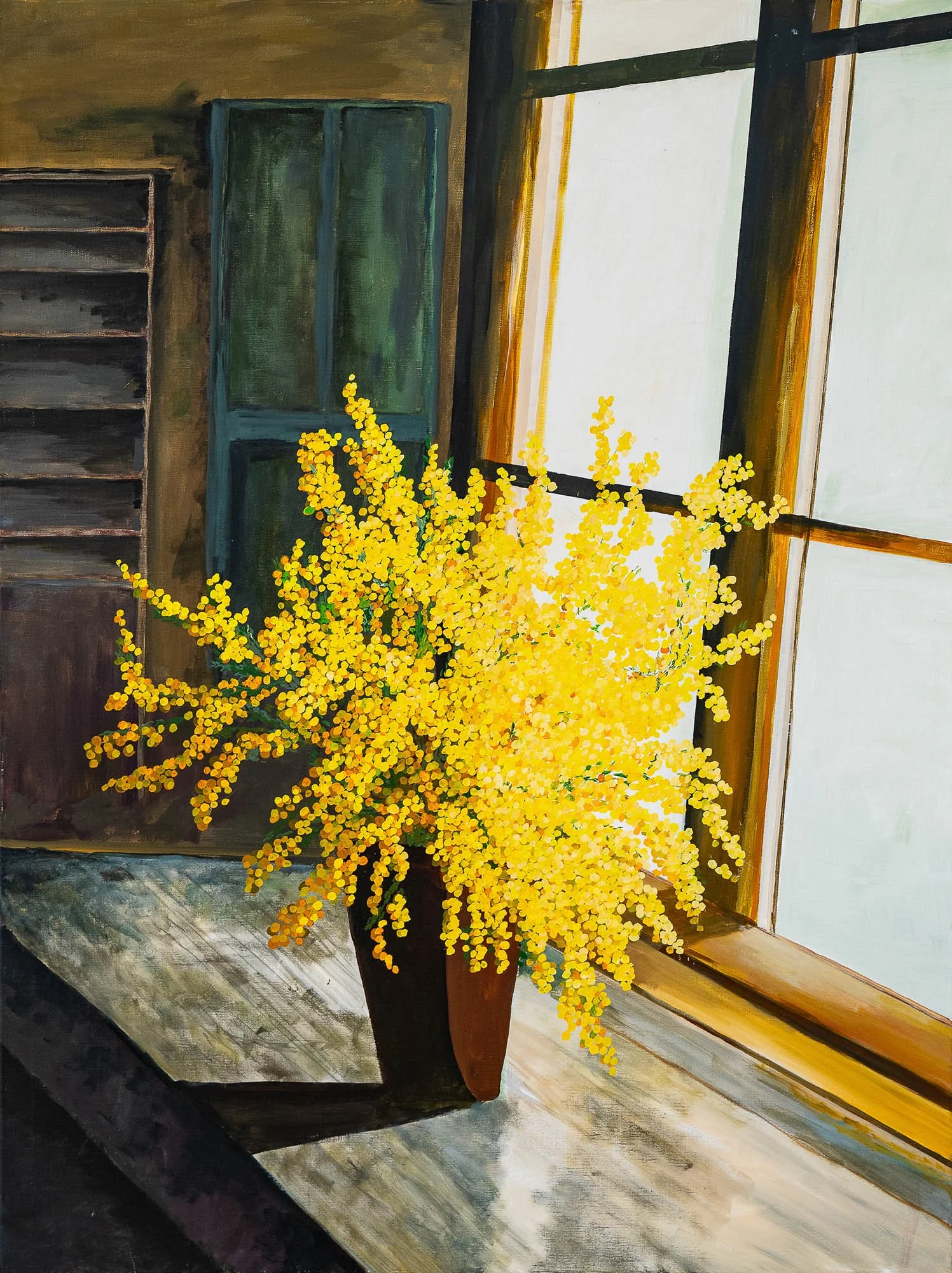 Work 146:  Wattle in Timber Room  
2019
acrylic on canvas
123 x 91 cms