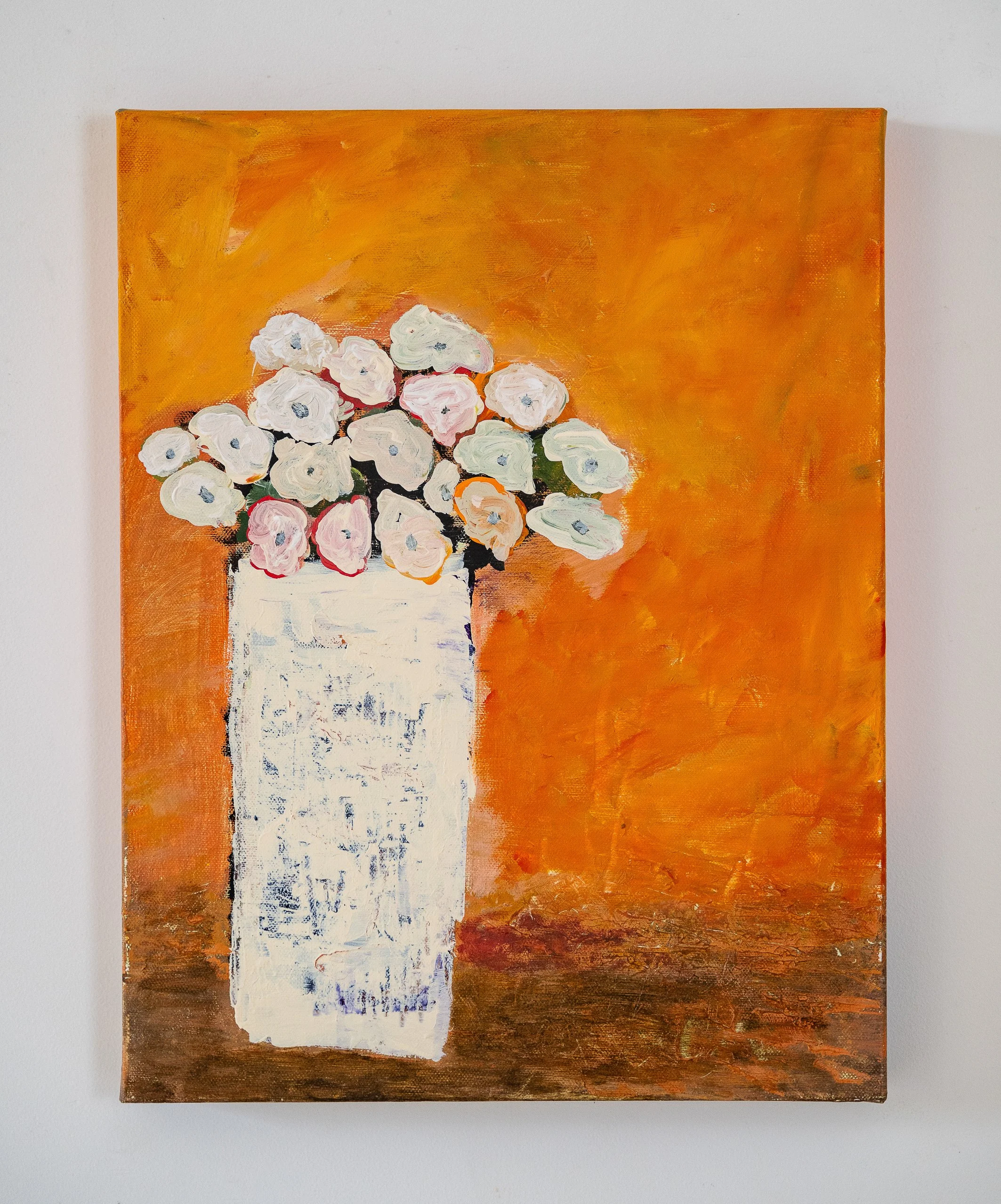 Work 42:  White Vase on Orange.  2017.  46 x 35 cms