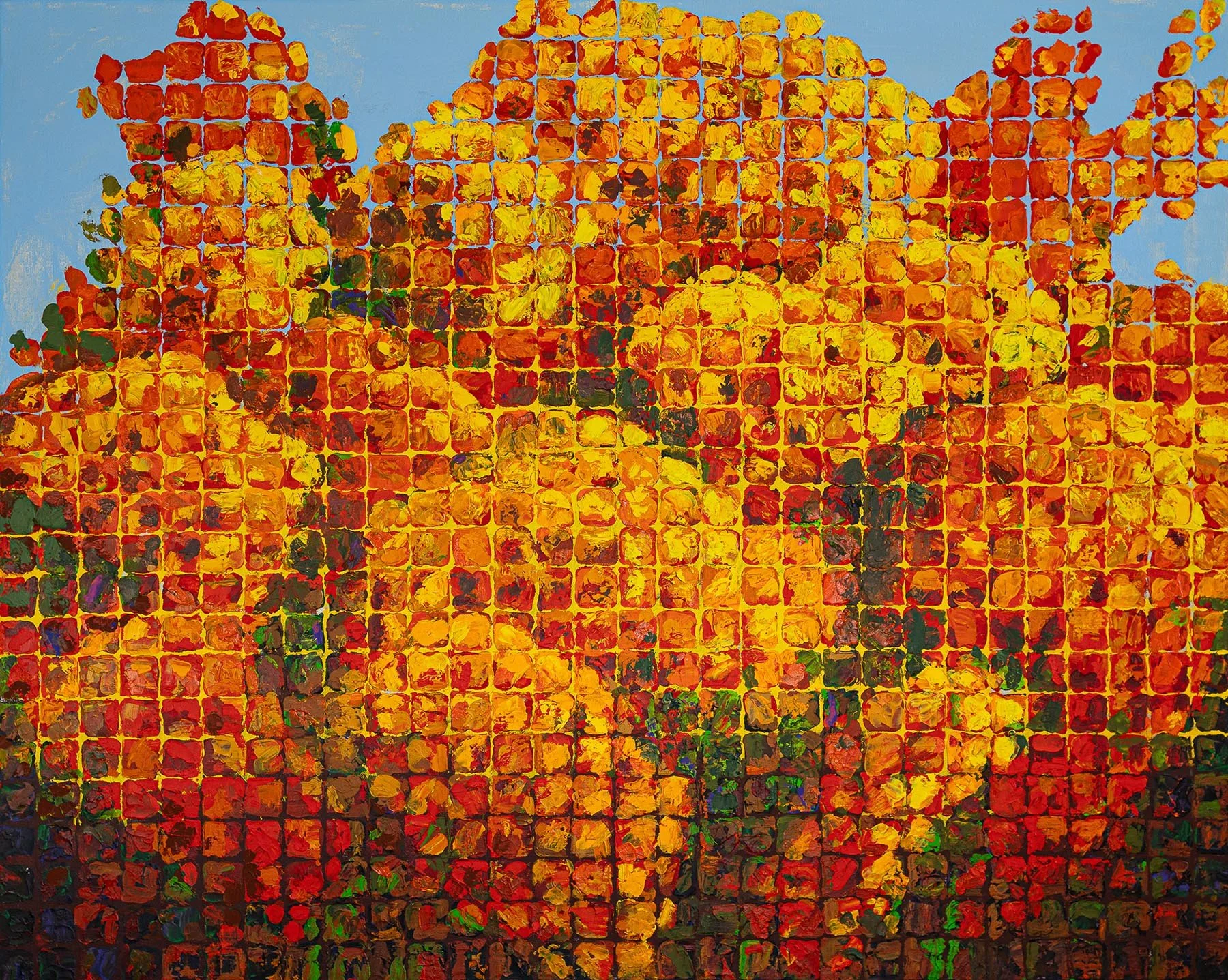 Work 242:  Yellow/Red Hydrangeas  
2024
acrylic on canvas
152 x 90 cms