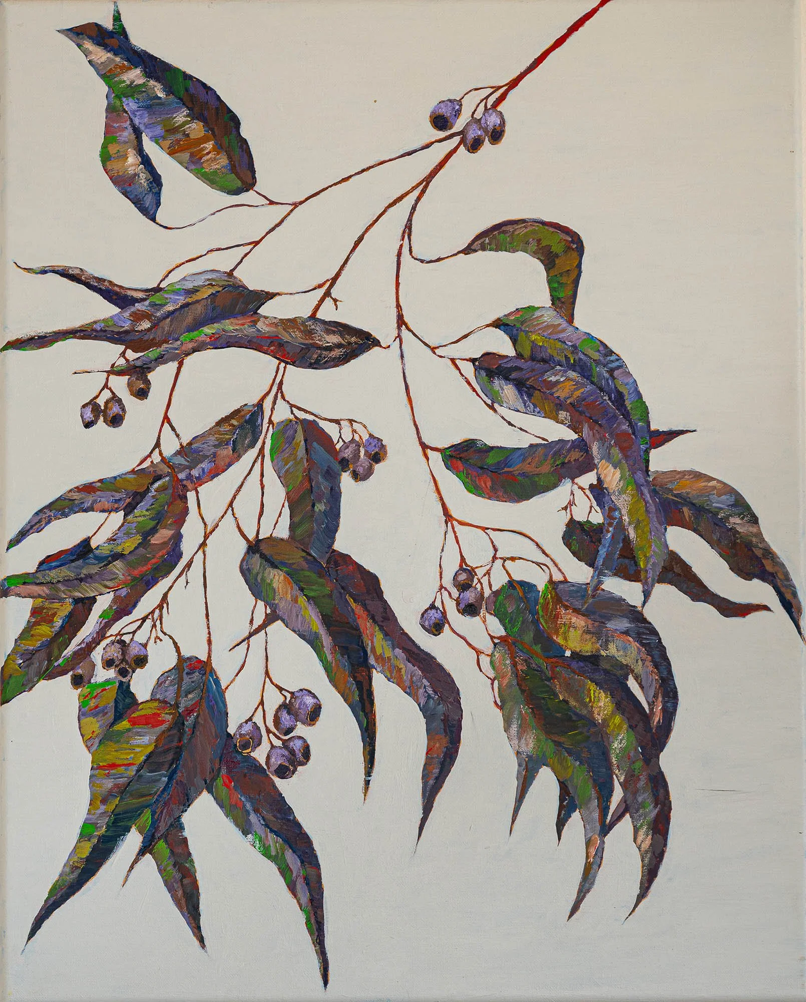 Work 182:  Purple Green Gum Leaves.
2020
acrylic on canvas
51 x 41 cms
