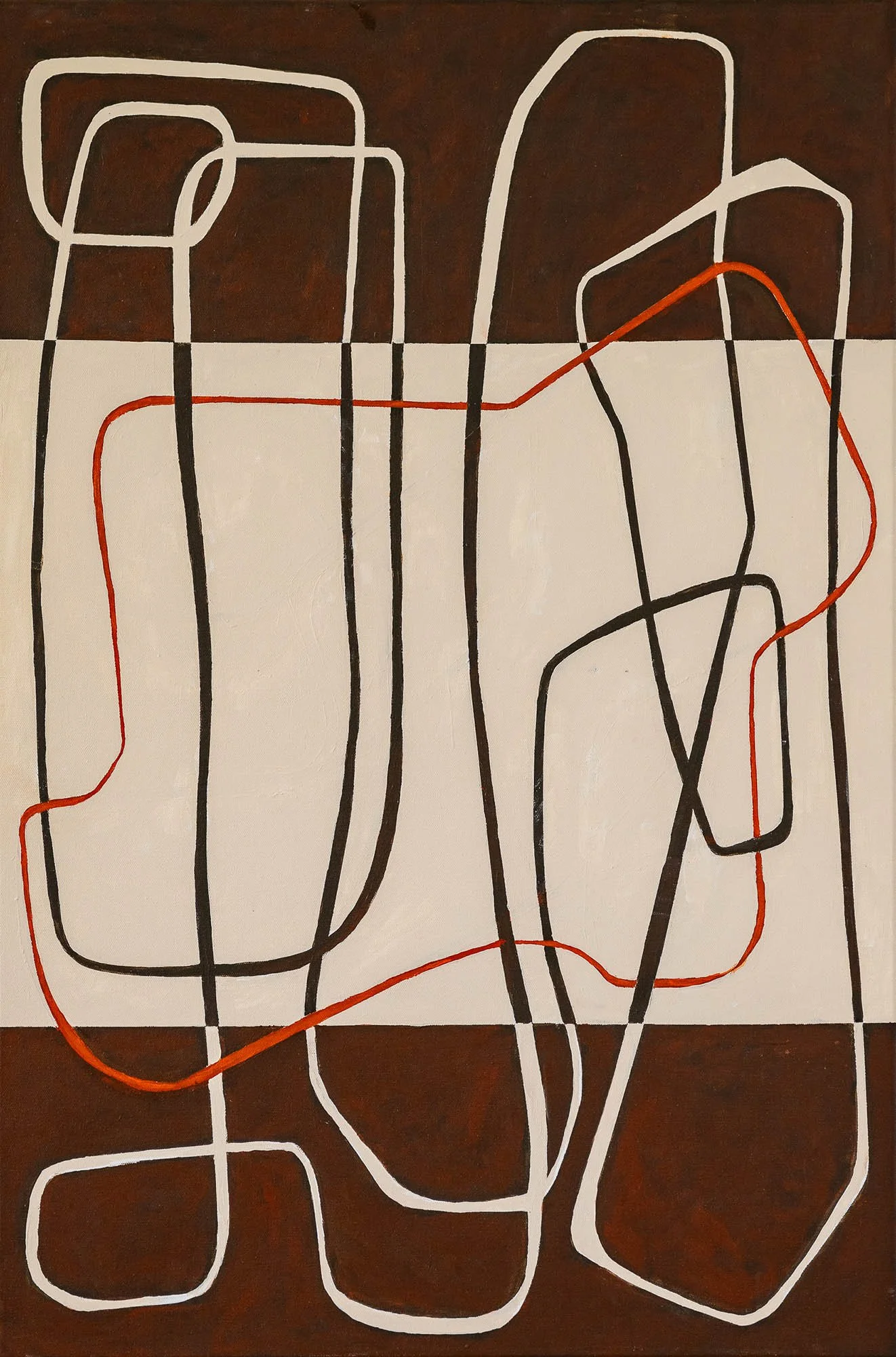 Work 235:  Ribbons on Brown and White
2024
acrylic on canvas
91 x 61 cms