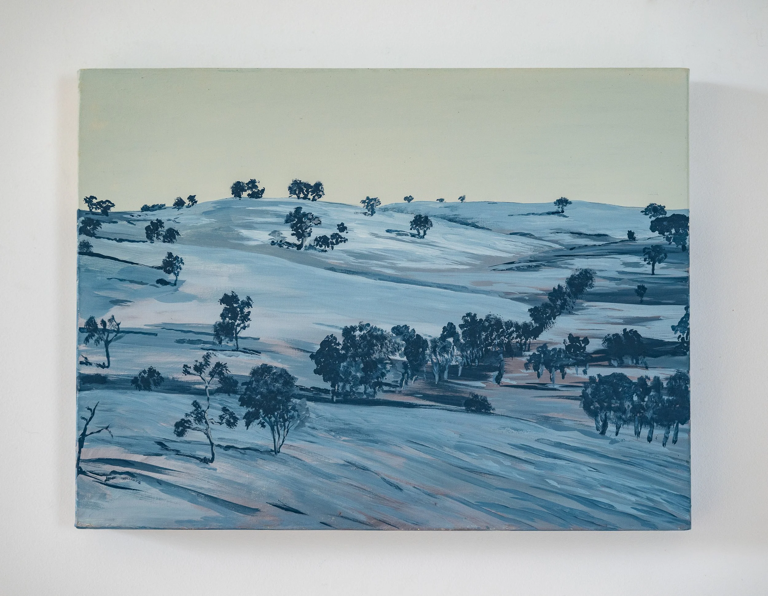 Work 135:  Blue Monochrome Farmland.  2019.   30 x 40 cms.
