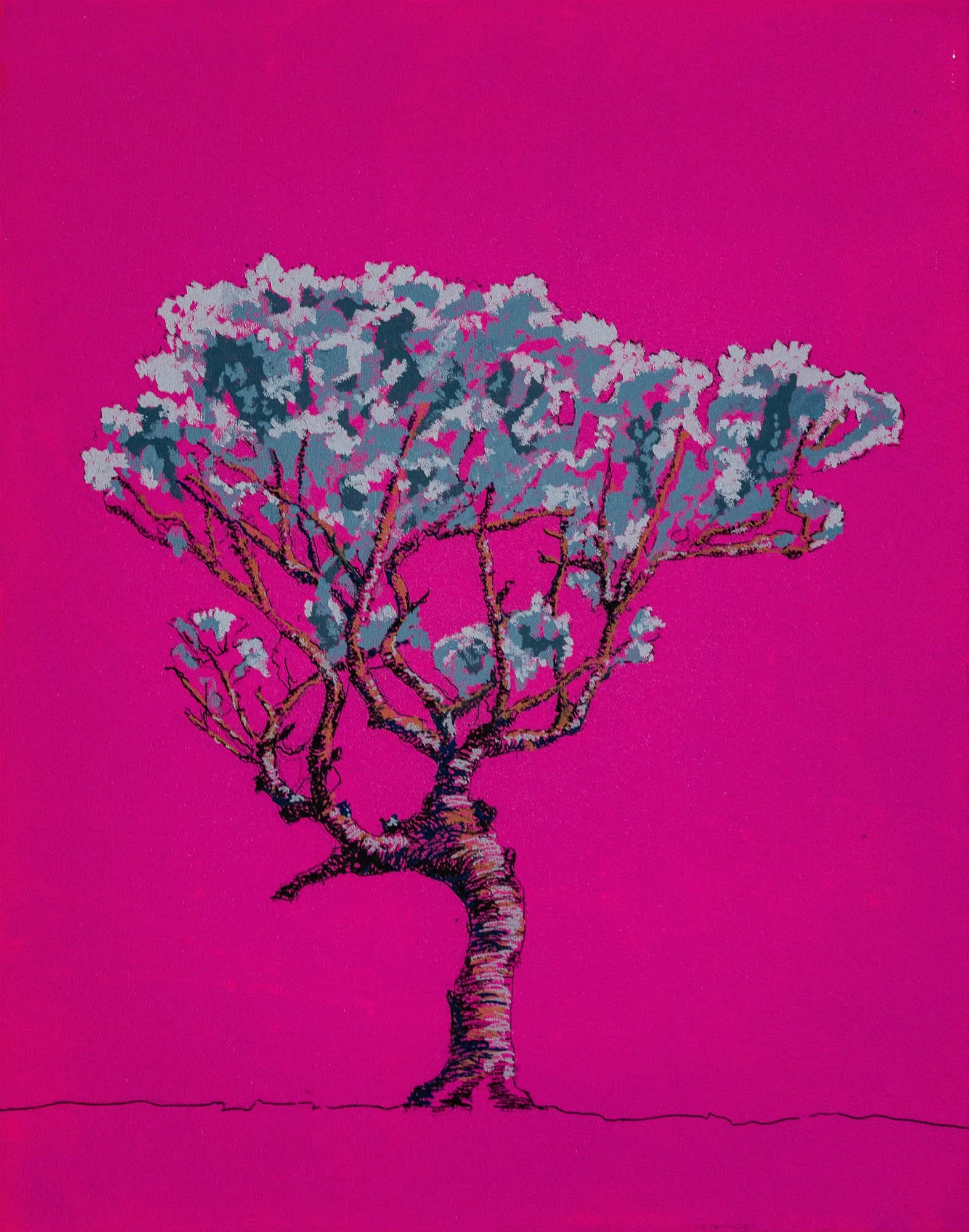 Work 239:  Lone Tree on Magenta
2024
acrylic on canvas
51 x 40 cms