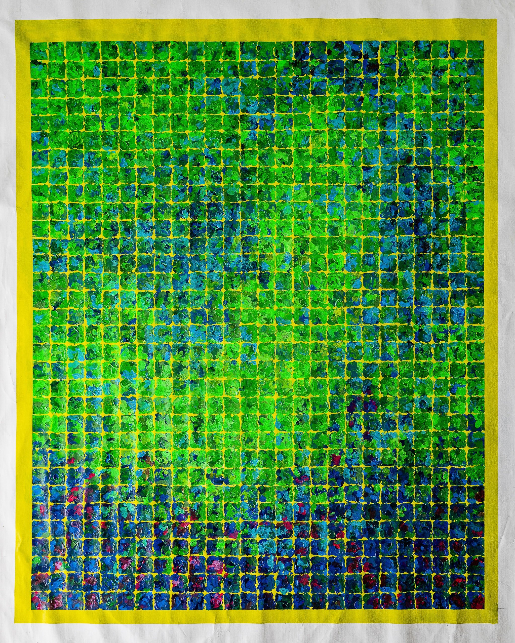 Work 213:  Squares in Green.  2023.   171 x 137 cms.