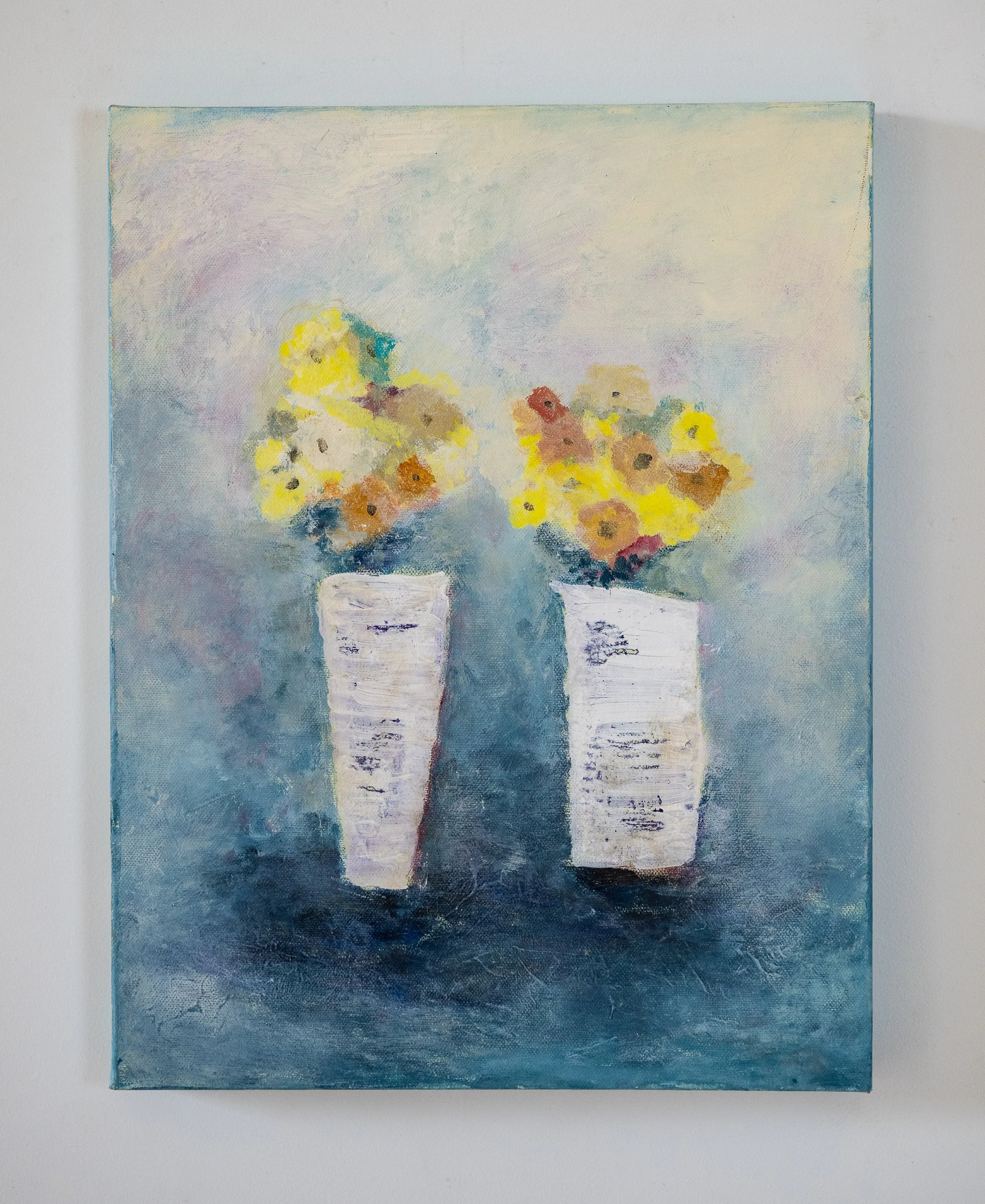 Work 43:  White Vases on Blue.  2017.  46 x 35 cms