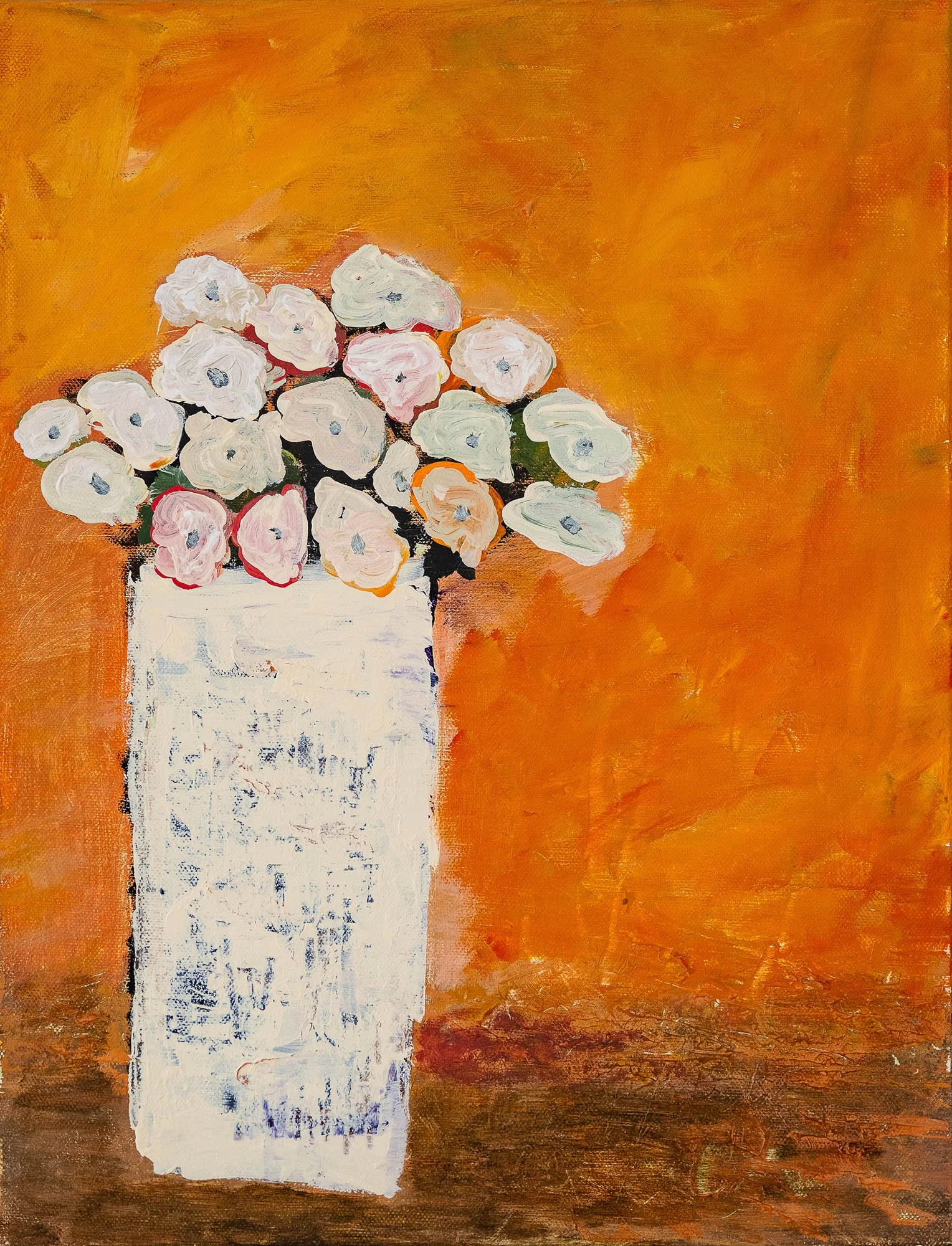 Work 42:  White Vase on Orange
2017
acrylic on canvas
46 x 35 cms