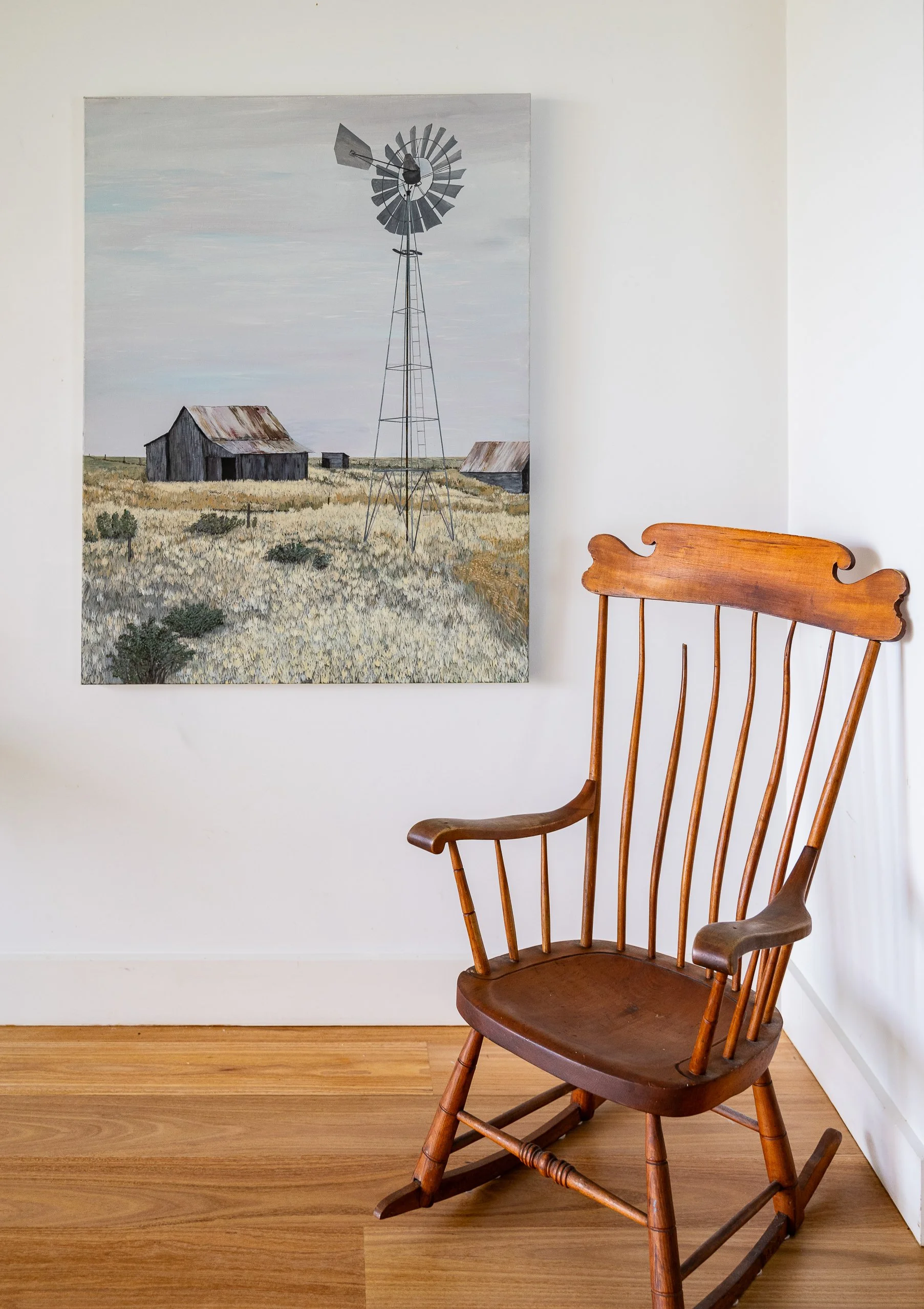 Work 112:  Farmhouse and Windmill.  2018.   122 x 91 cms.