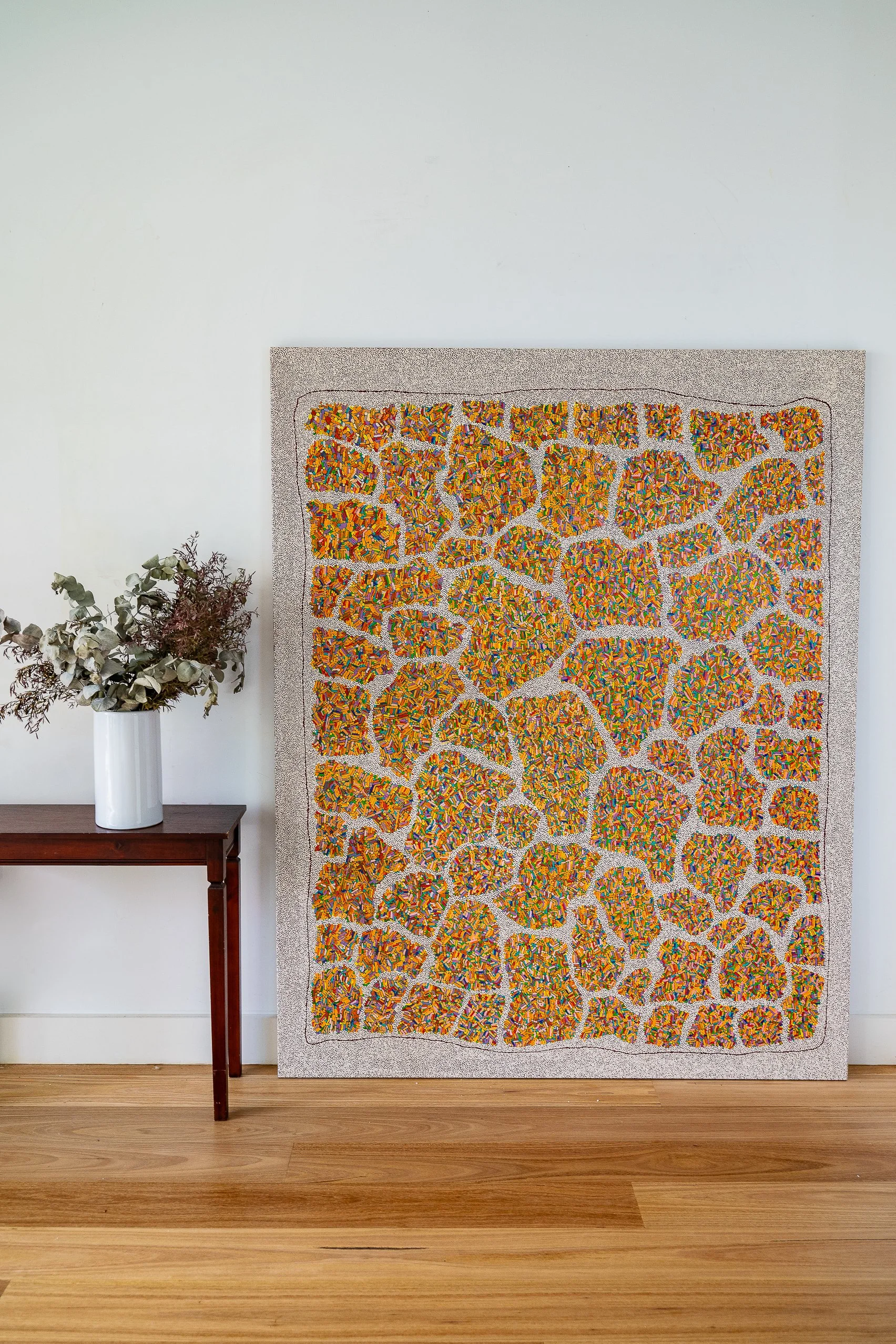 Work 177:  Orange Bullets. 2020.   196 x 155 cms.