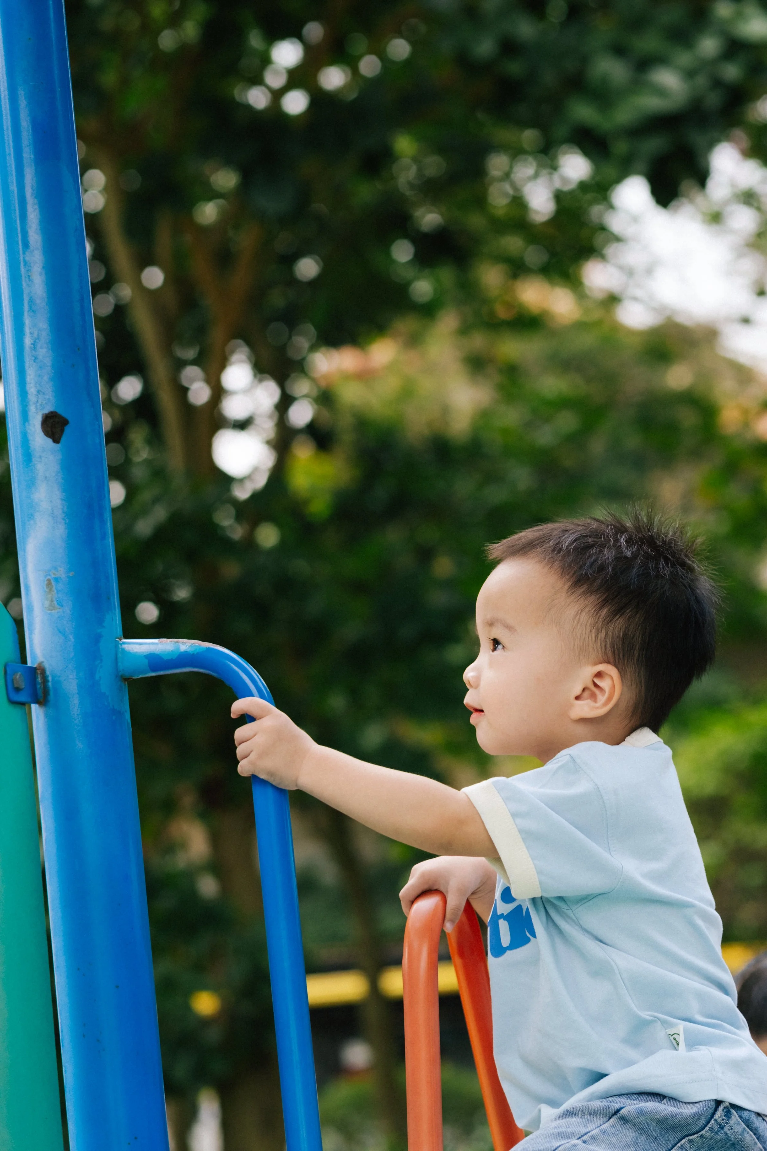 Young boy playing on a colorful jungle gym at a park with trees in the background.