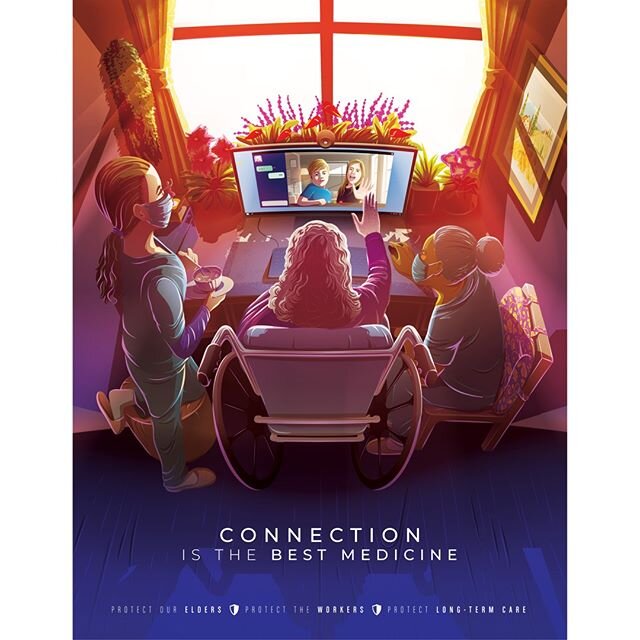 Illustration by @bryanvectorartist ⁠
⁠
⁠
ConnectedHealing⁠
⁠
⁠
[Image description: An illustration of a person in a wheelchair and two nurses video chatting with two people. On the bottom of the image is the text, &quot;Connection Is The Best Medicin