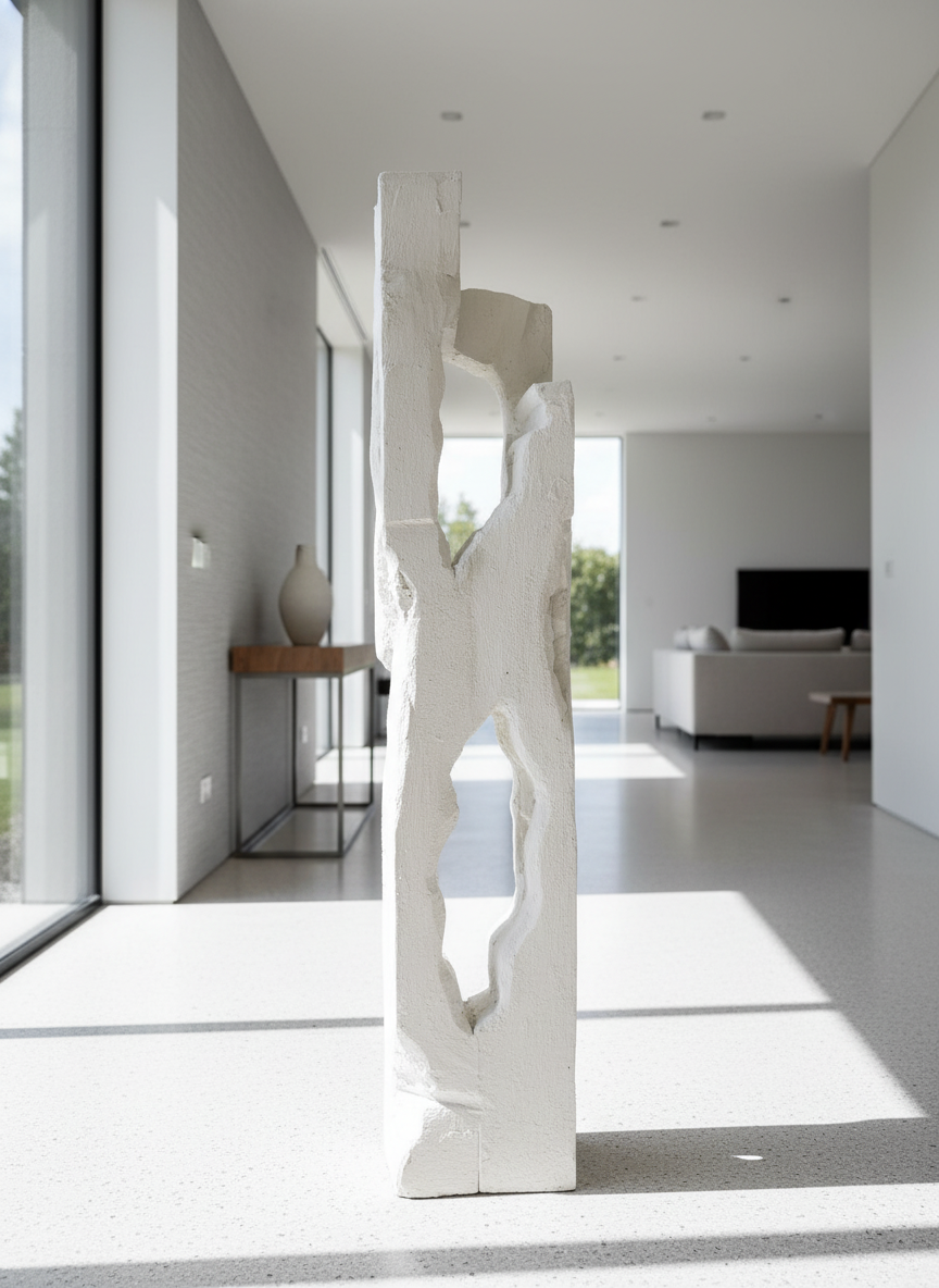 Colección Vestigio. MarcelaOnce. Arte exclusivo de prestigio internacional. Escultura moderna blanca con formas irregulares y huecos en un espacio interior minimalista con ventanas grandes.