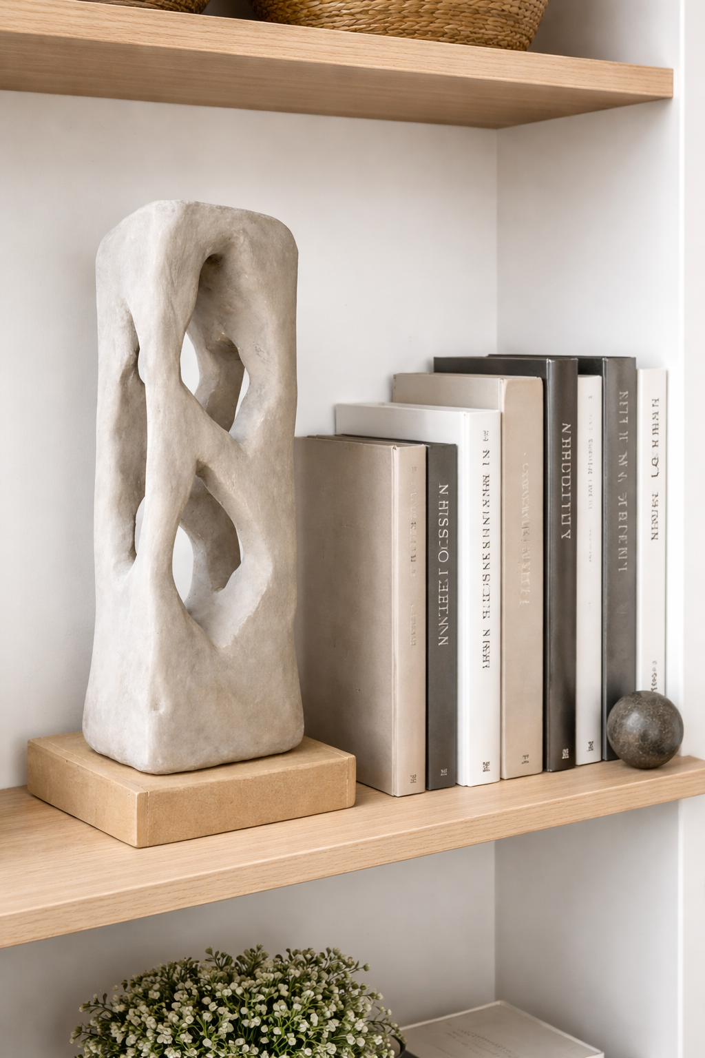 Colección Vestigio. MarcelaOnce. Arte exclusivo de prestigio Envío internacional. Estante de madera con libro, escultura de piedra abstracta y una pequeña figura de bola gris, en un espacio decorativo.