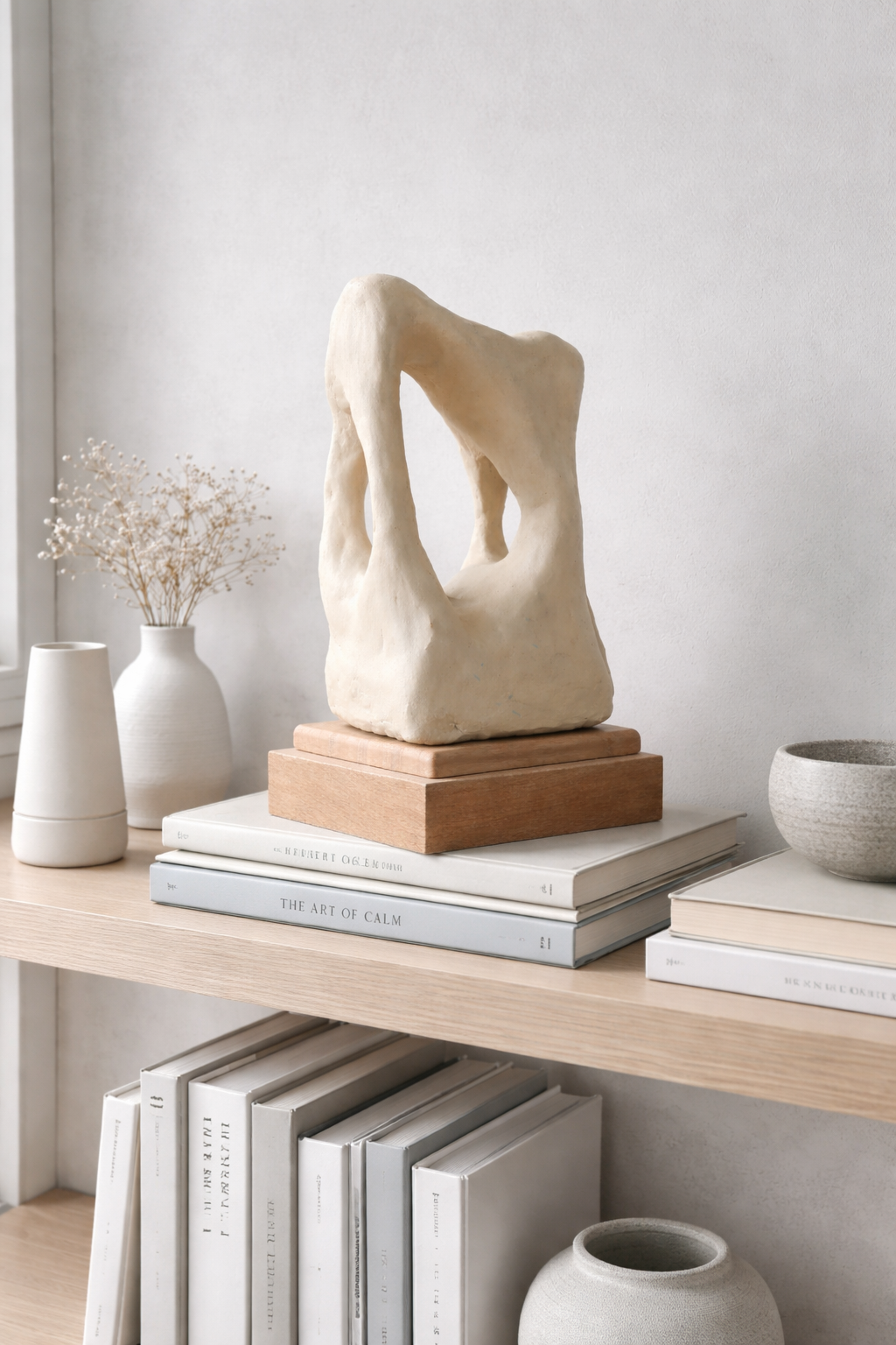 Colección Vestigio. MarcelaOnce. Arte exclusivo de prestigio internacional. Escultura abstracta en estante de madera con libros y jarrones decorativos en fondo blanco.