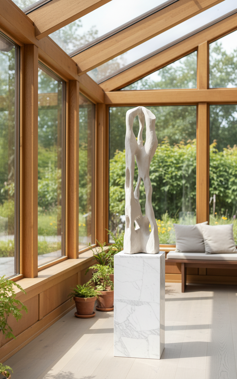 Colección Vestigio. MarcelaOnce. Arte exclusivo de prestigio internacional. Escultura moderna en forma abstracta sobre pedestal de mármol en una sala con grandes ventanas de madera y plantas en macetas.